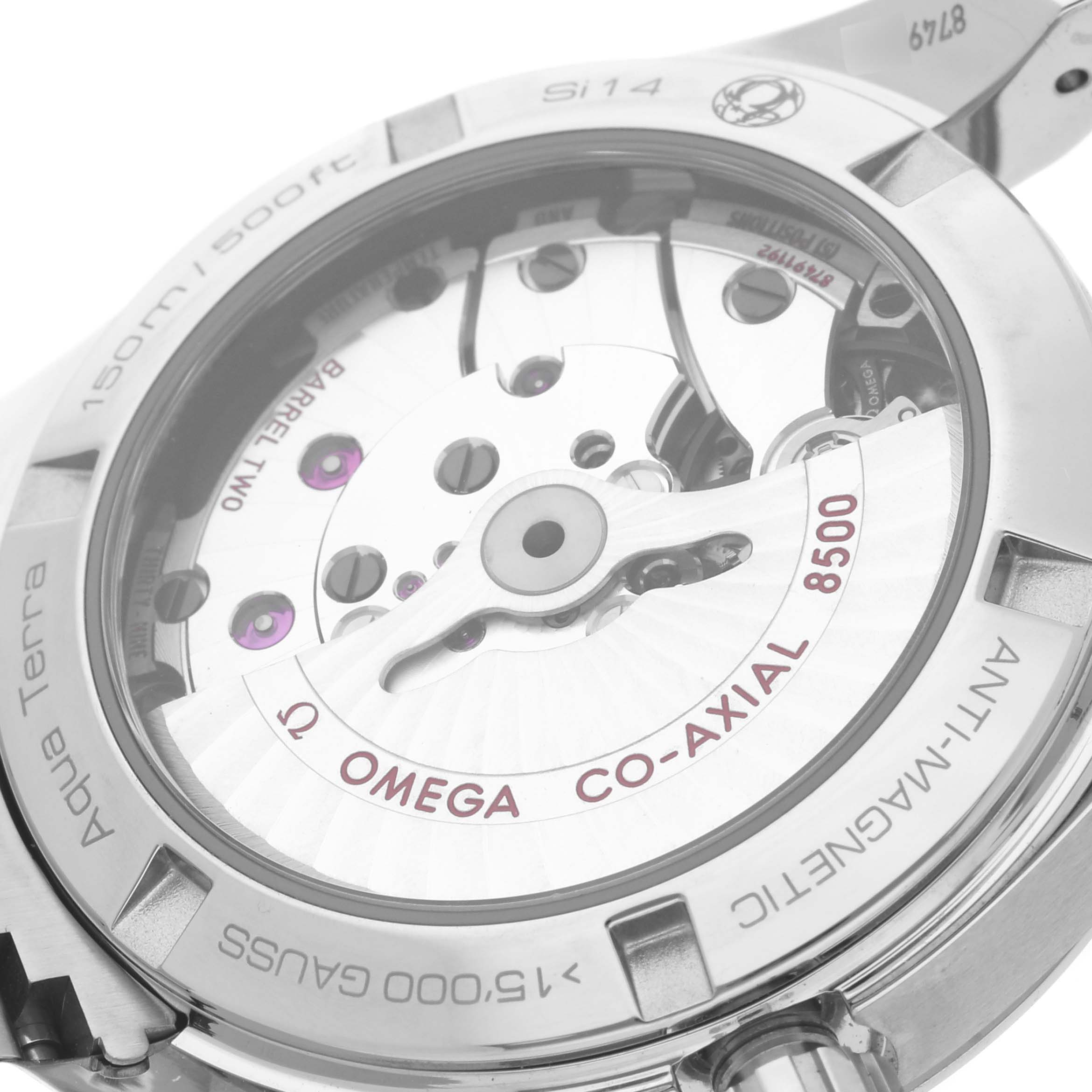 The image shows the back case of an Omega Aqua Terra 231.15.39.21.55.001 Men's Stainless Steel Mother of Pearl Dial 231.15.39.21.55.001 Men's Stainless Steel Mother of Pearl Dial watch, revealing its Co-Axial 8500 movement.