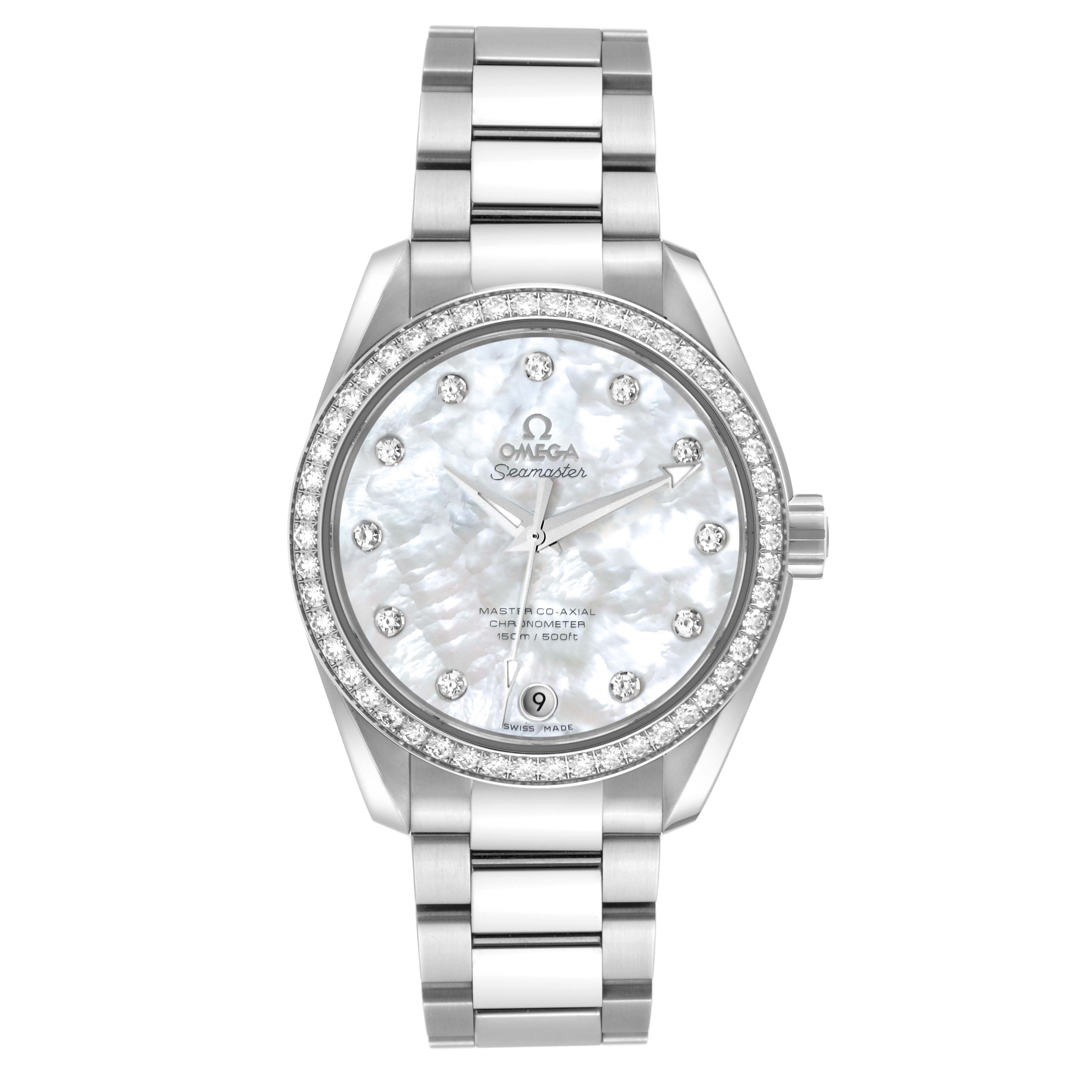 The image shows a front view of an Omega Aqua Terra 231.15.39.21.55.001 Men's Stainless Steel Mother of Pearl Dial 231.15.39.21.55.001 Men's Stainless Steel Mother of Pearl Dial watch, displaying the face, bezel, and bracelet.