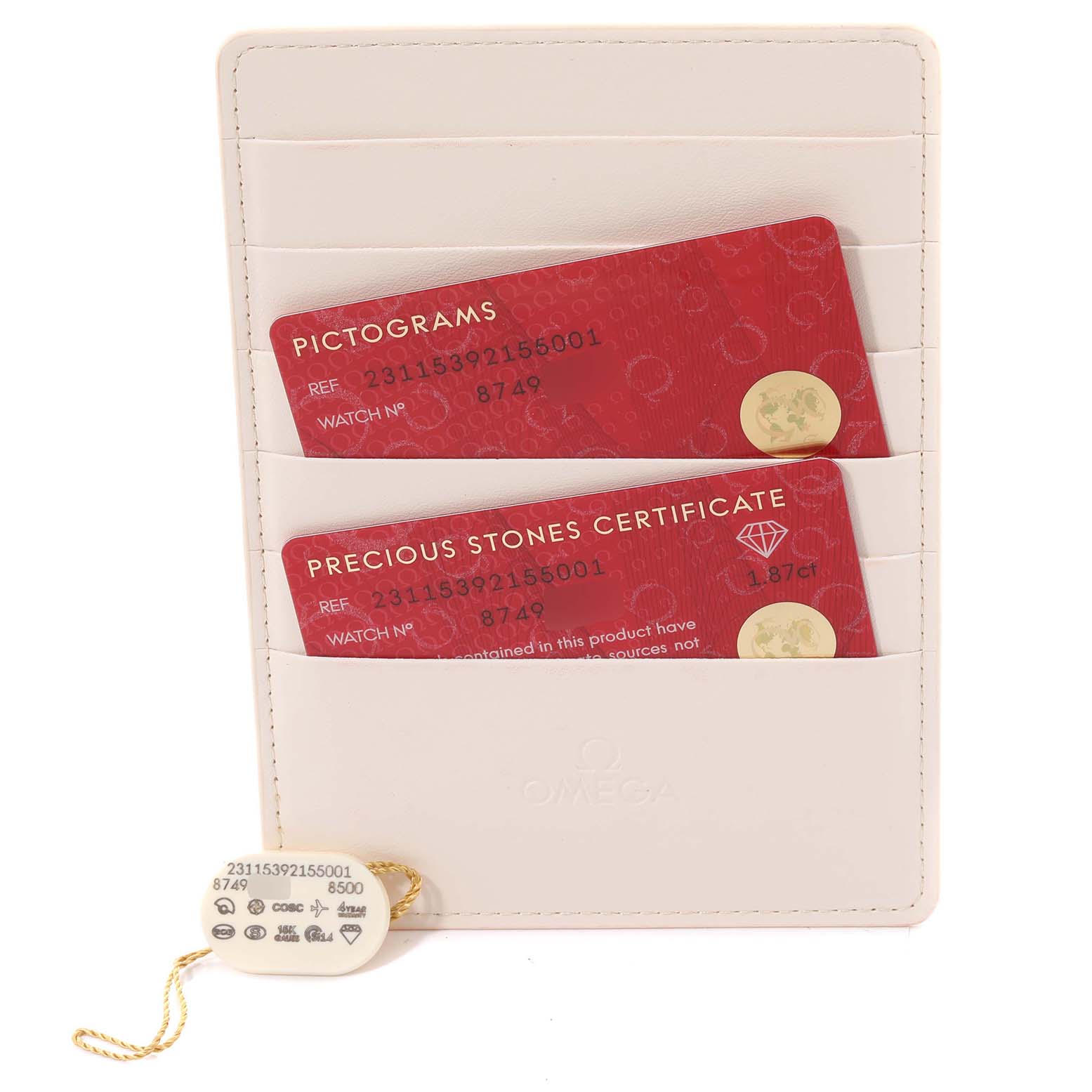 This image shows certificated cards and a tag for the Omega Aqua Terra 231.15.39.21.55.001 Men's Stainless Steel Mother of Pearl Dial 231.15.39.21.55.001 Men's Stainless Steel Mother of Pearl Dial watch model, displayed in a holder.