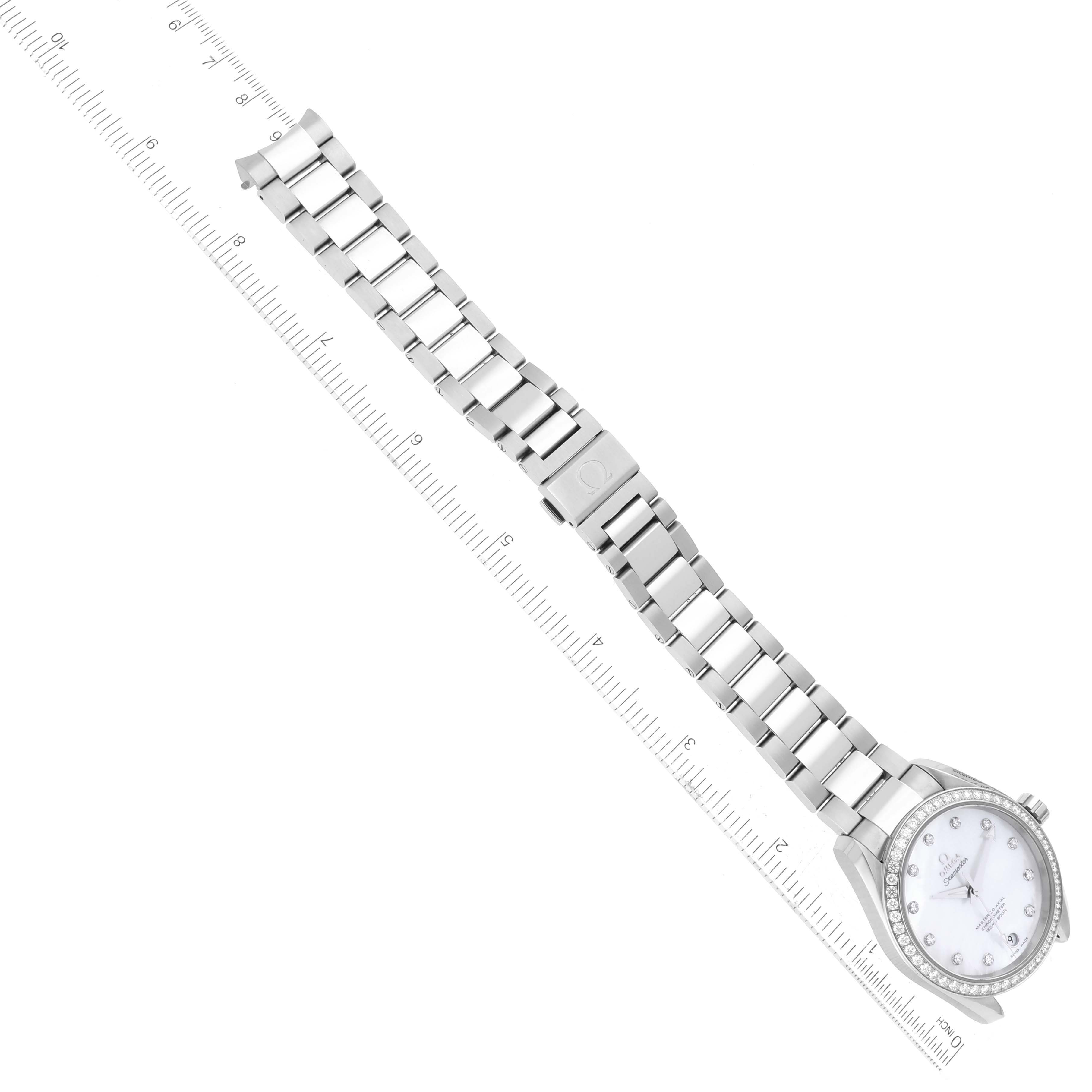 The image shows an Omega Aqua Terra 231.15.39.21.55.001 Men's Stainless Steel Mother of Pearl Dial 231.15.39.21.55.001 Men's Stainless Steel Mother of Pearl Dial watch from a top-down angle, highlighting the full bracelet and dial.