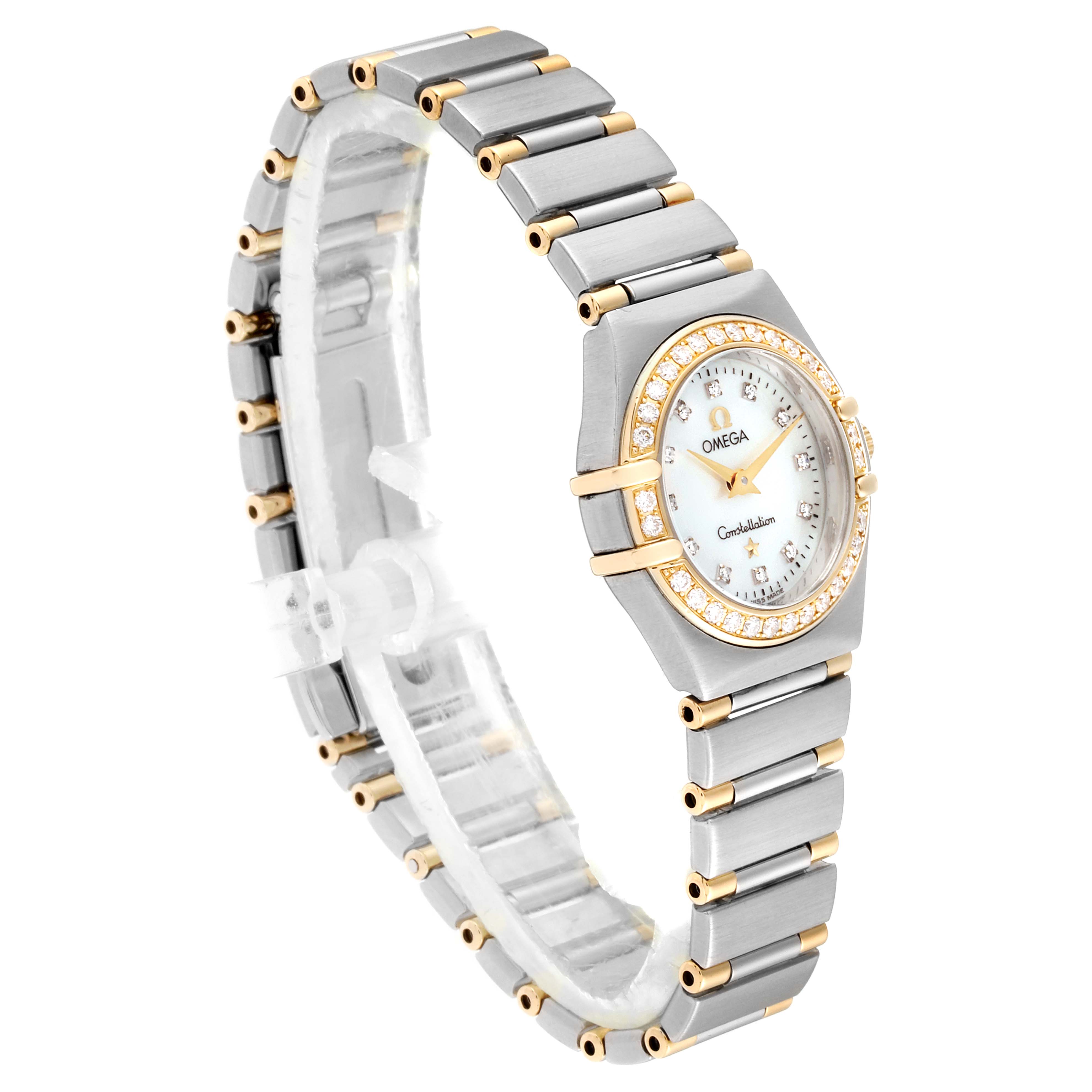 The image shows an angled view of the Omega 1267.75.00 Women's Steel and Gold (two tone) Mother of Pearl Dial 1267.75.00 Women's Steel and Gold (two tone) Mother of Pearl Dial Constellation 95 Mother of Pearl Diamond Ladies Watch 1267.75.00, highlighting its band and face.