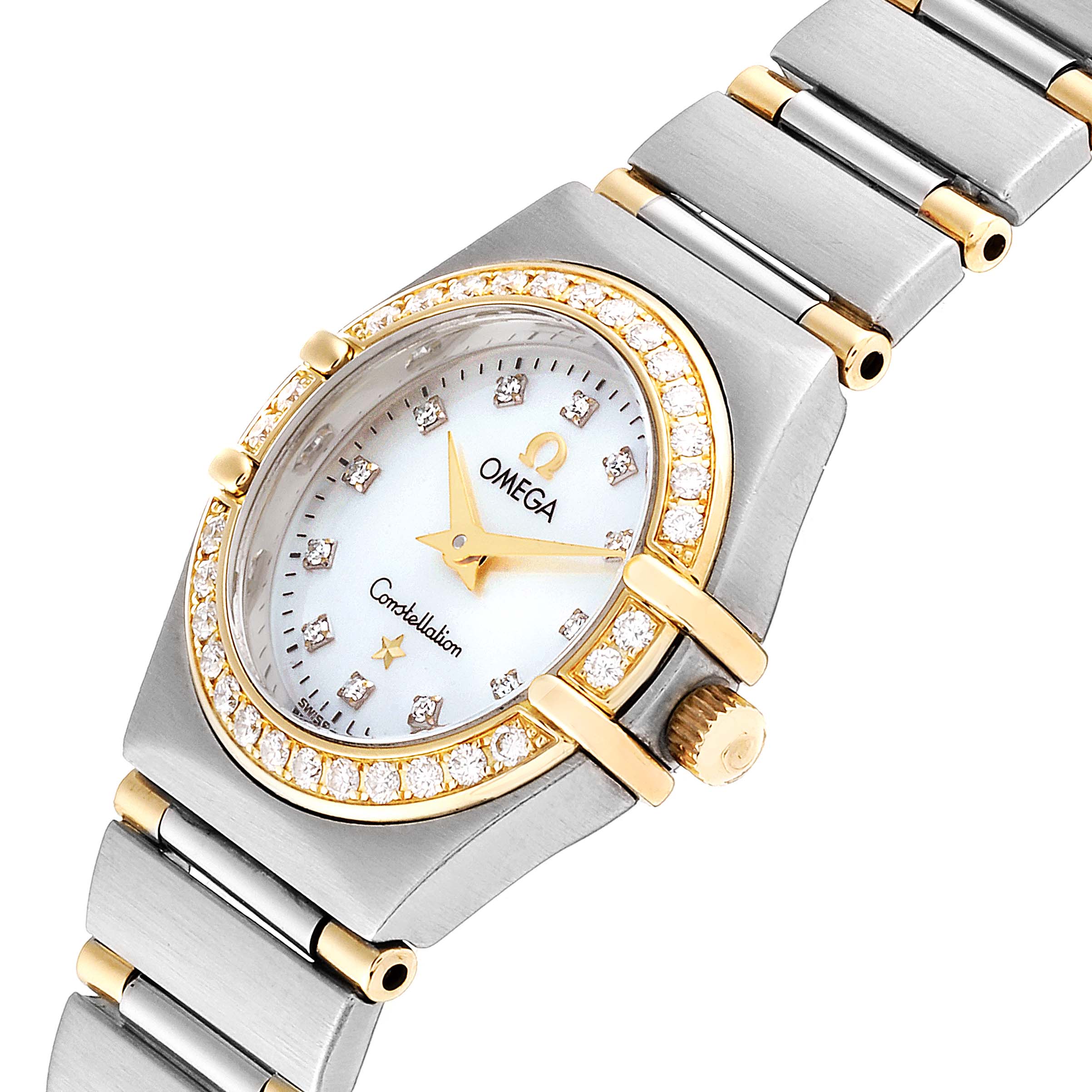 The photo of the Omega 1267.75.00 Women's Steel and Gold (two tone) Mother of Pearl Dial 1267.75.00 Women's Steel and Gold (two tone) Mother of Pearl Dial Constellation 95 Mother of Pearl Diamond Ladies Watch 1267.75.00 is taken at a slight side angle, displaying the face, bezel, and part of the band.