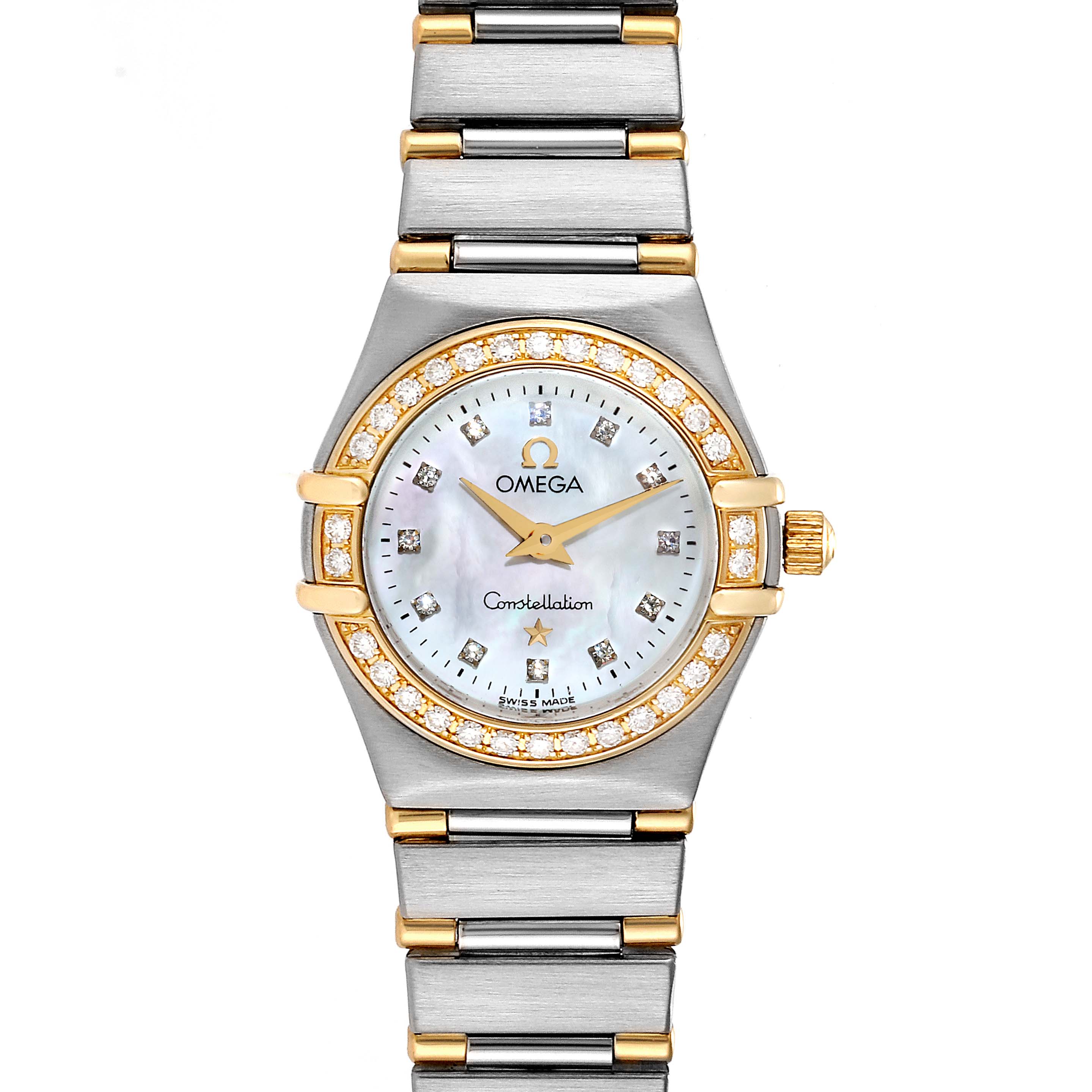The image shows a front view of the Omega 1267.75.00 Women's Steel and Gold (two tone) Mother of Pearl Dial 1267.75.00 Women's Steel and Gold (two tone) Mother of Pearl Dial Constellation 95 Mother of Pearl Diamond Ladies Watch model 1267.75.00 with its bracelet.