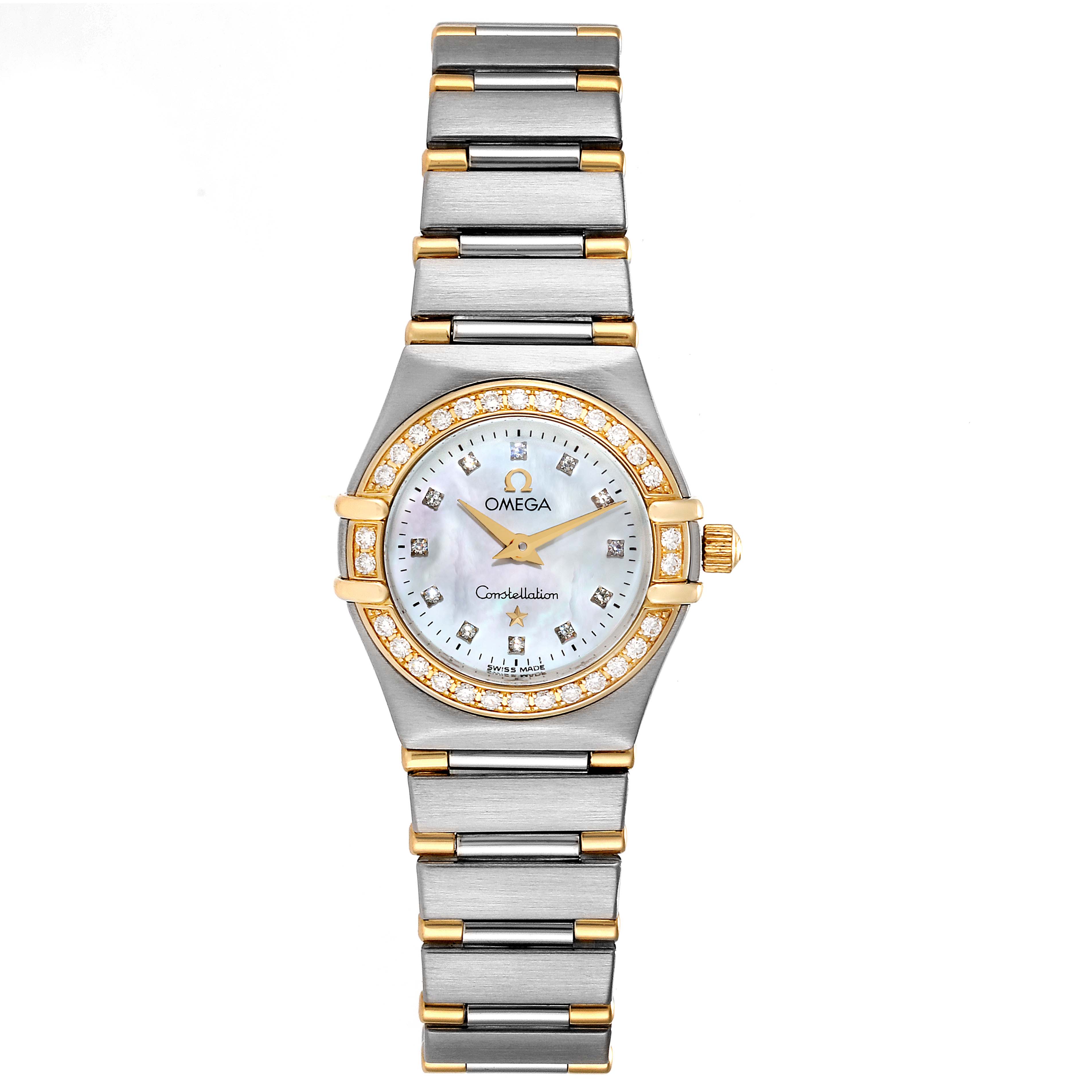 The Omega 1267.75.00 Women's Steel and Gold (two tone) Mother of Pearl Dial 1267.75.00 Women's Steel and Gold (two tone) Mother of Pearl Dial Constellation 95 Mother of Pearl Diamond Ladies Watch 1267.75.00 is shown from a front view, displaying its face and bracelet.