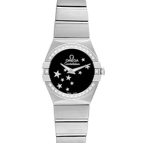 The image shows a frontal view of the Omega Constellation Orbis Star Steel Diamond Watch 123.15.24.60.01.001, showcasing its bezel, dial, and bracelet.