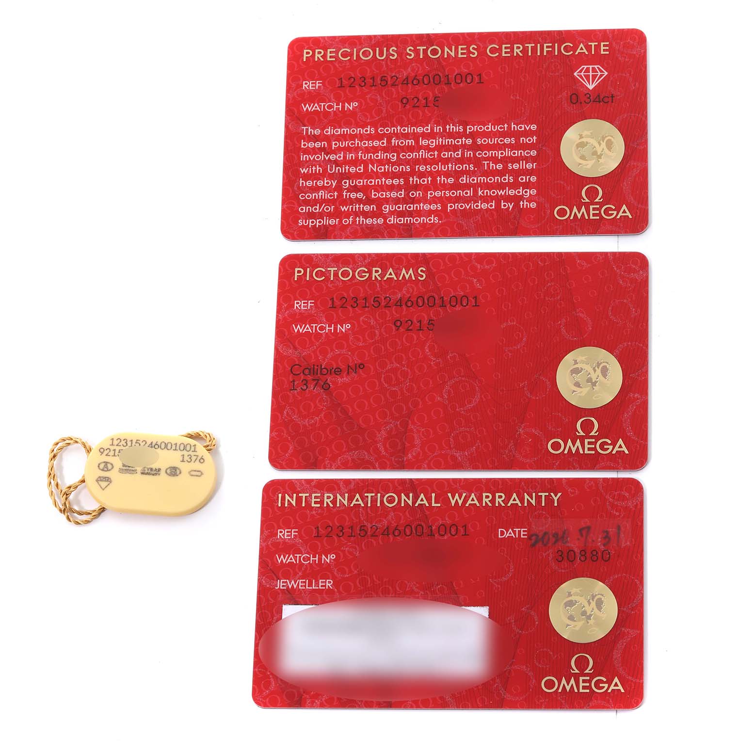 The image shows a set of three Omega 123.15.24.60.01.001 Women's Stainless Steel Black Dial 123.15.24.60.01.001 Women's Stainless Steel Black Dial certification cards (Precious Stones Certificate, Pictograms, International Warranty) and a tag for the Constellation Orbis Star Steel Diamond Watch 123.15.24.60.01.001.