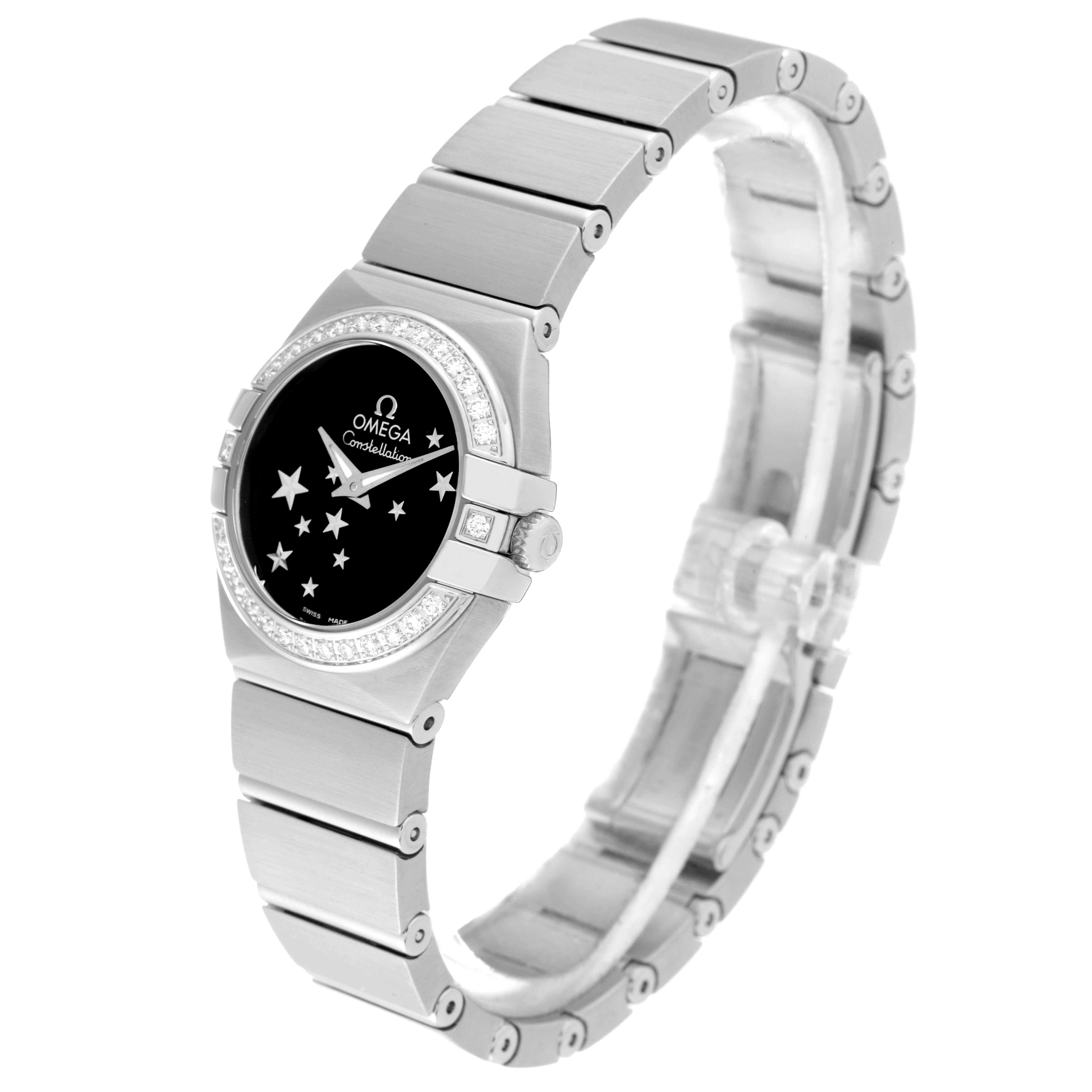 Side angle view of the Omega 123.15.24.60.01.001 Women's Stainless Steel Black Dial 123.15.24.60.01.001 Women's Stainless Steel Black Dial Constellation Orbis Star Steel Diamond Watch 123.15.24.60.01.001, showing the face, bezel, and bracelet.