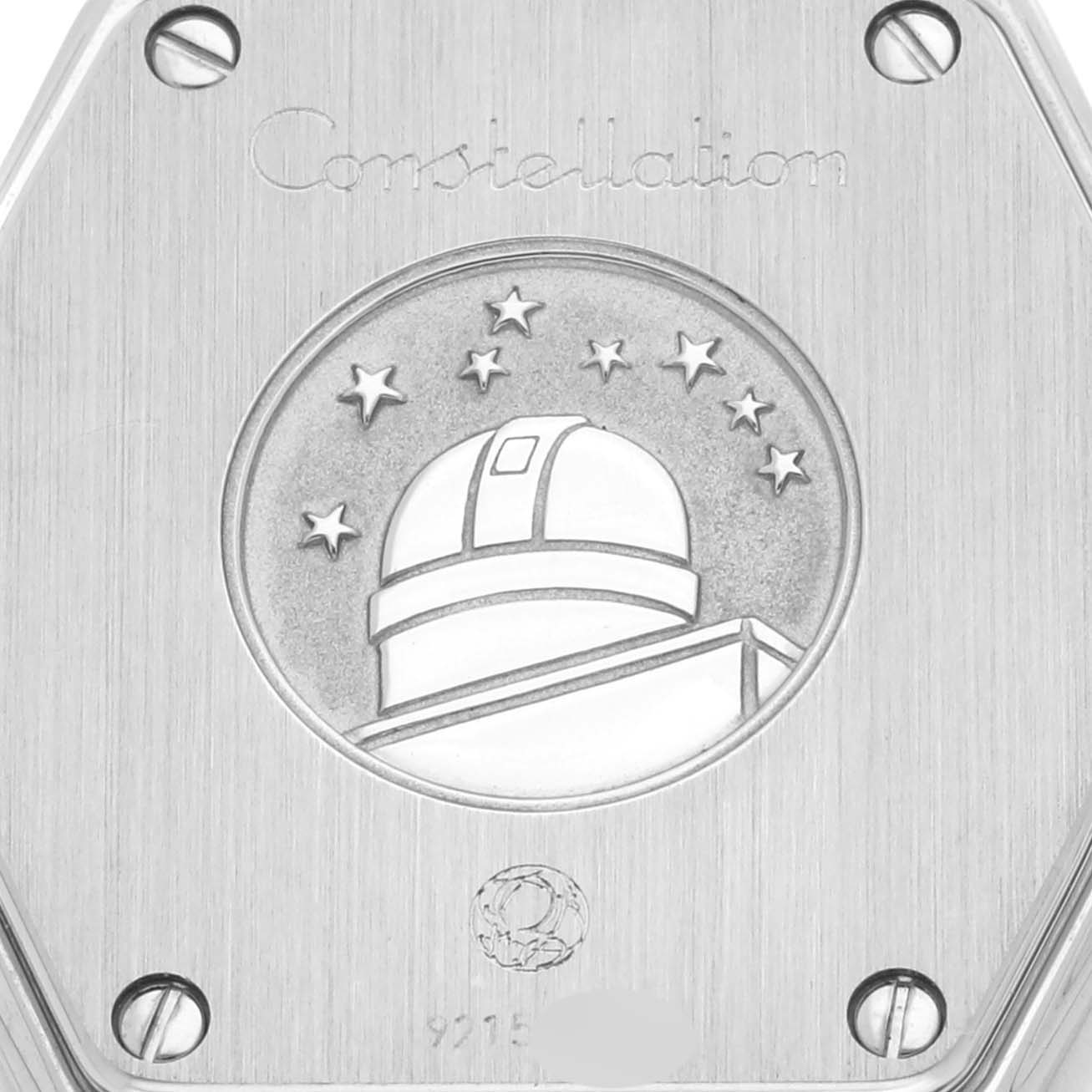 This is the back view of the Omega 123.15.24.60.01.001 Women's Stainless Steel Black Dial 123.15.24.60.01.001 Women's Stainless Steel Black Dial Constellation Orbis Star Steel Diamond Watch 123.15.24.60.01.001, showing the engraved observatory and stars.