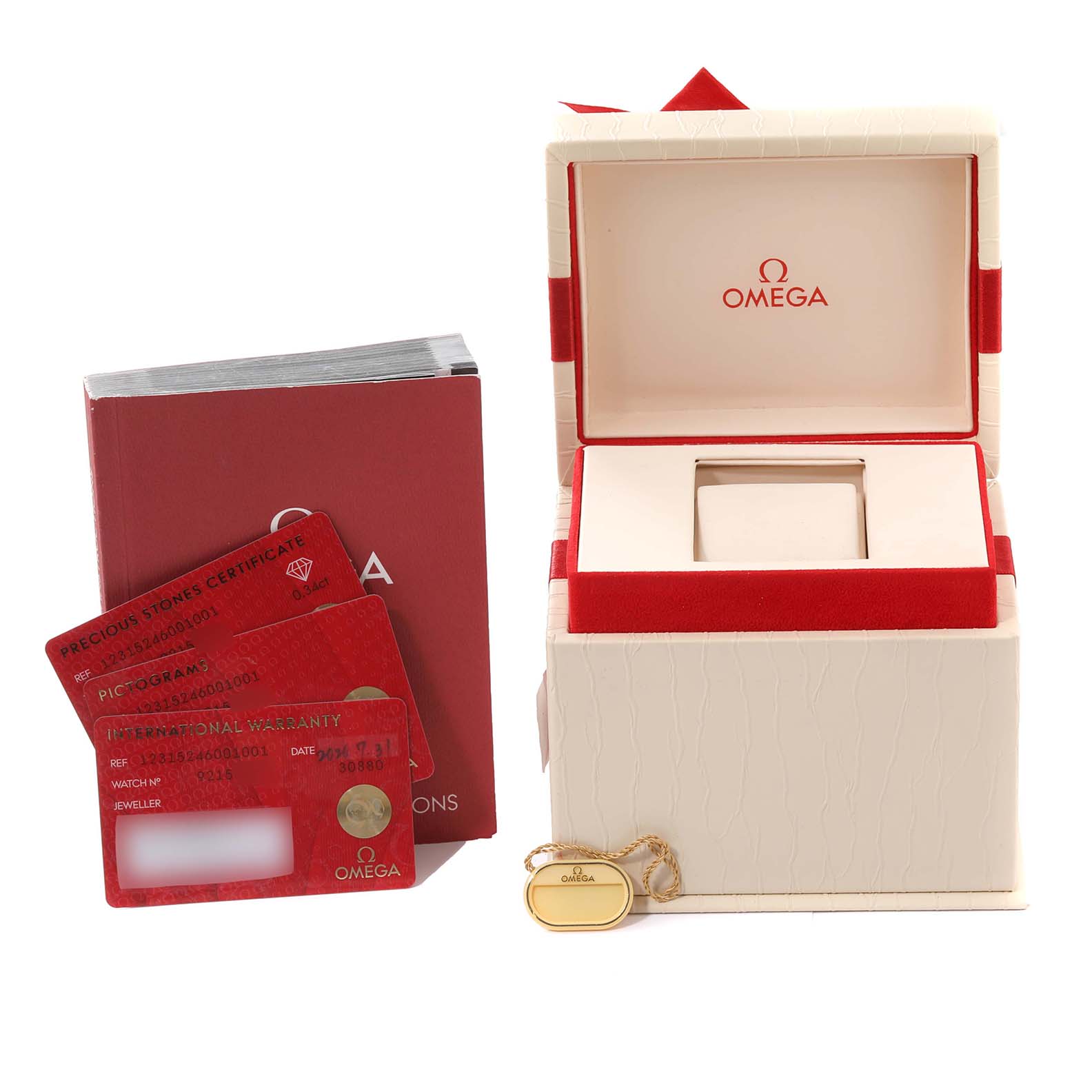 The image shows the box, cards, booklet, and tag for an Omega 123.15.24.60.01.001 Women's Stainless Steel Black Dial 123.15.24.60.01.001 Women's Stainless Steel Black Dial Constellation Orbis Star Steel Diamond Watch, model 123.15.24.60.01.001.