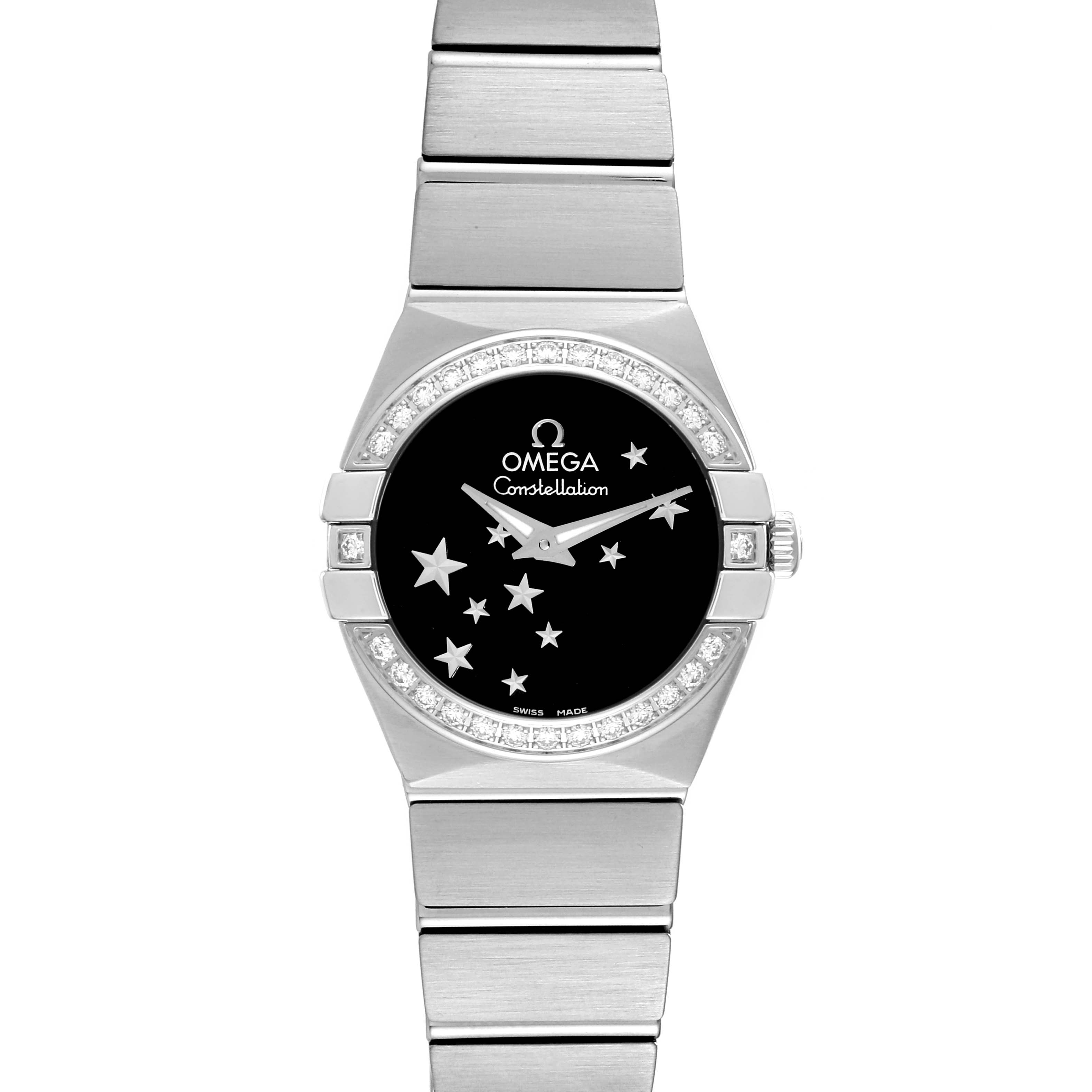 This image shows the front view of the Omega 123.15.24.60.01.001 Women's Stainless Steel Black Dial 123.15.24.60.01.001 Women's Stainless Steel Black Dial Constellation Orbis Star Steel Diamond Watch 123.15.24.60.01.001, featuring its dial, bezel, and bracelet.