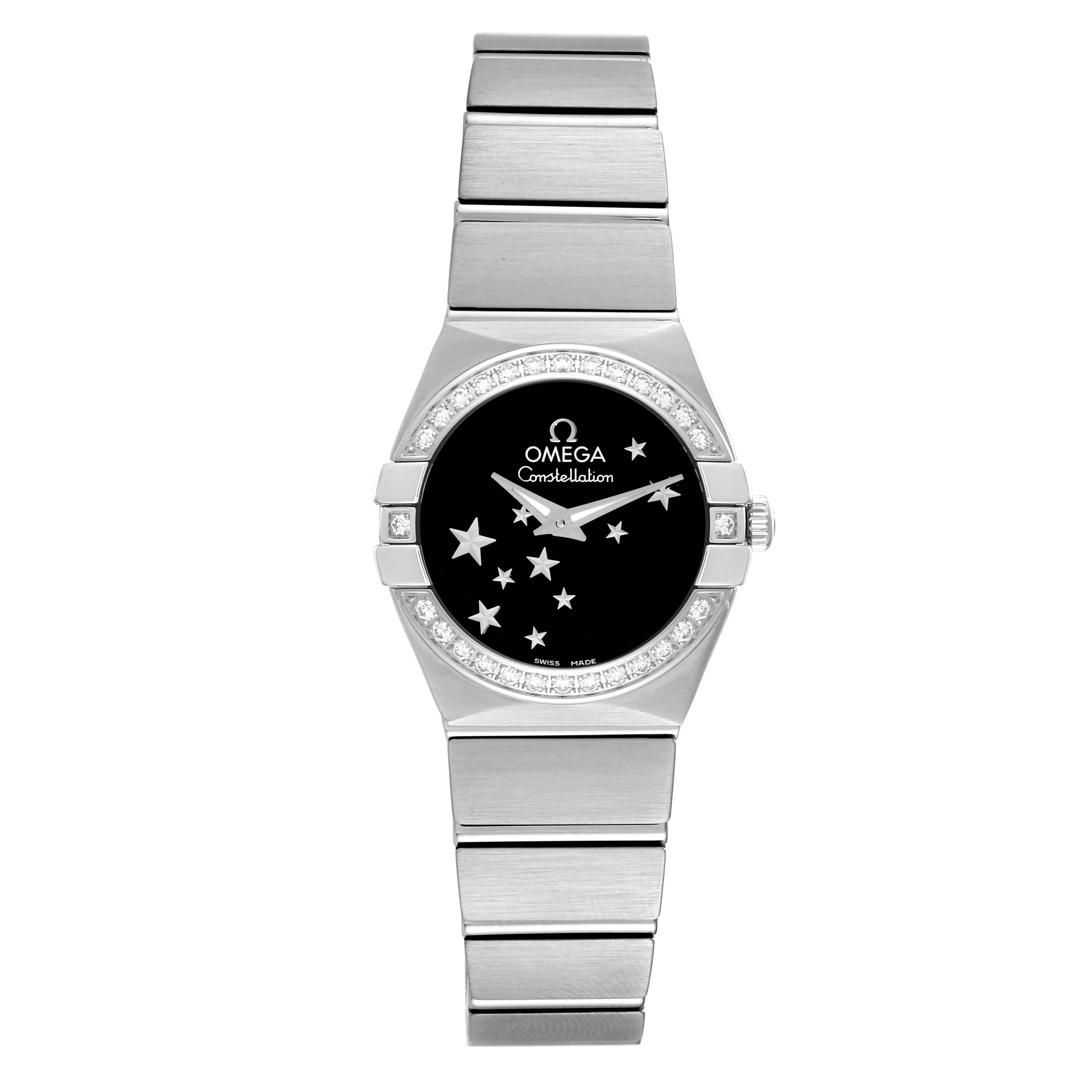 The Omega 123.15.24.60.01.001 Women's Stainless Steel Black Dial 123.15.24.60.01.001 Women's Stainless Steel Black Dial Constellation Orbis Star Steel Diamond Watch 123.15.24.60.01.001 is shown from a front angle displaying its face and bracelet.