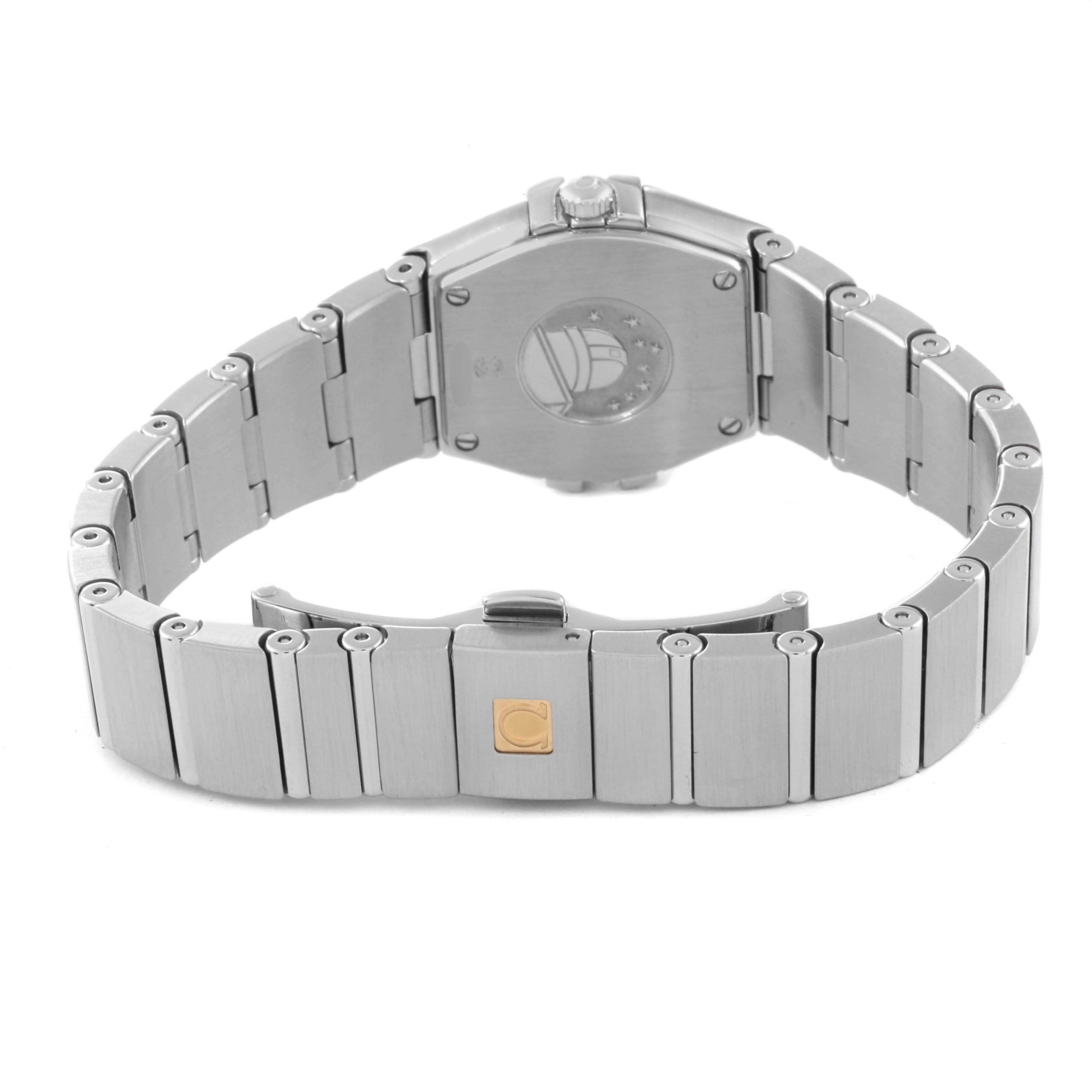 This image shows the back view of an Omega 123.15.24.60.01.001 Women's Stainless Steel Black Dial 123.15.24.60.01.001 Women's Stainless Steel Black Dial Constellation Orbis Star Steel Diamond Watch 123.15.24.60.01.001, highlighting the bracelet and clasp.