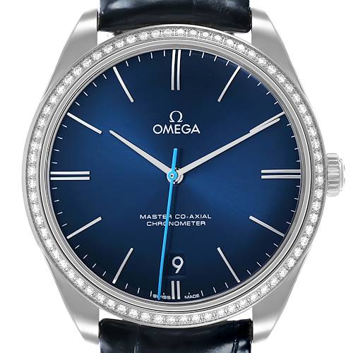The Omega De Ville 432.18.40.21.03.001 Men's Stainless Steel Blue Dial watch is shown from a front view, highlighting the blue dial, diamond bezel, and leather strap.