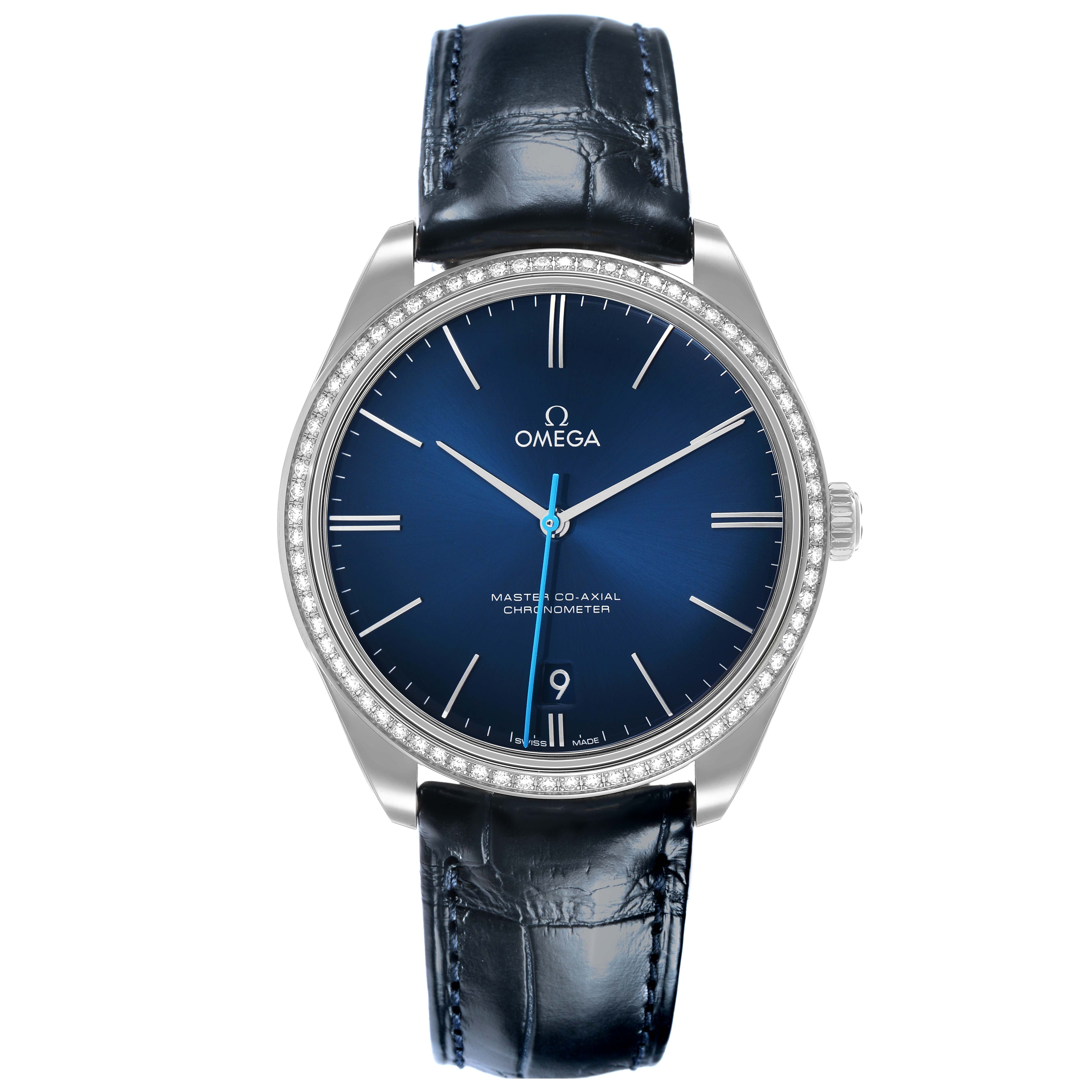 The Omega De Ville 432.18.40.21.03.001 Men's Stainless Steel Blue Dial watch is shown from a top-down angle, highlighting its dial, bezel, and strap.