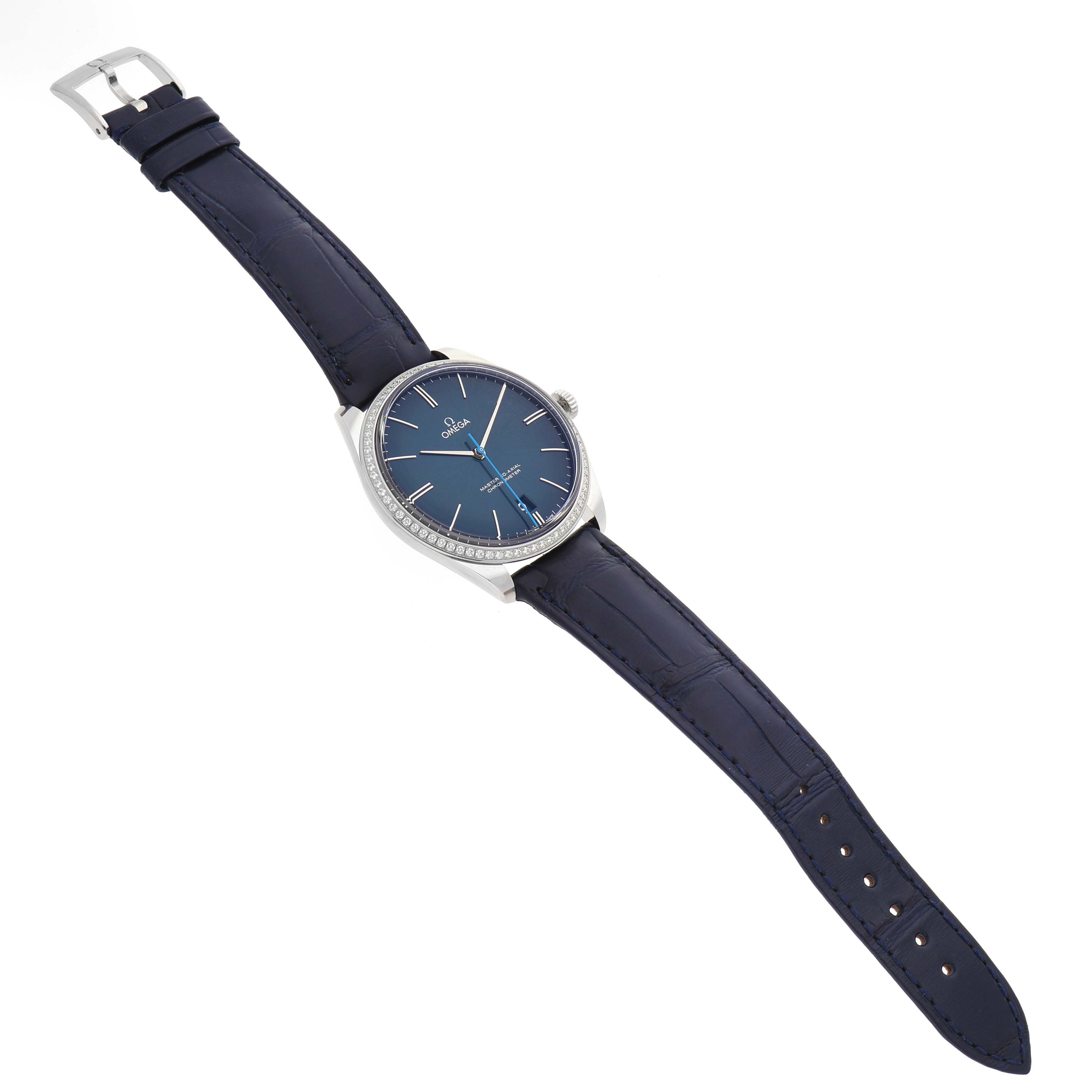 The Omega De Ville 432.18.40.21.03.001 Men's Stainless Steel Blue Dial watch is shown at a slight angled top-down view displaying the face, bezel, strap, and clasp.