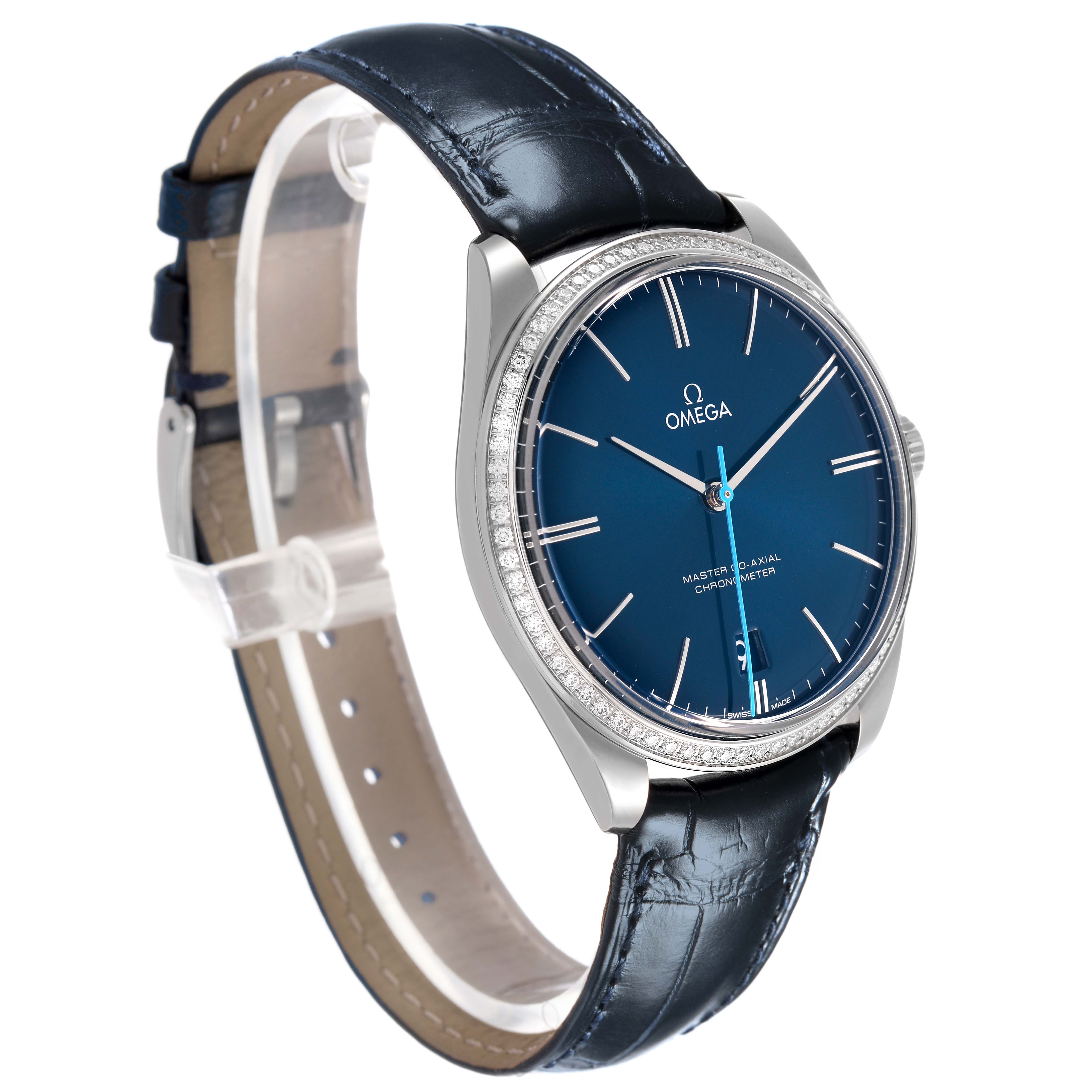 The Omega De Ville 432.18.40.21.03.001 Men's Stainless Steel Blue Dial watch is shown at a slight angle, highlighting its blue dial, leather strap, and silver bezel.