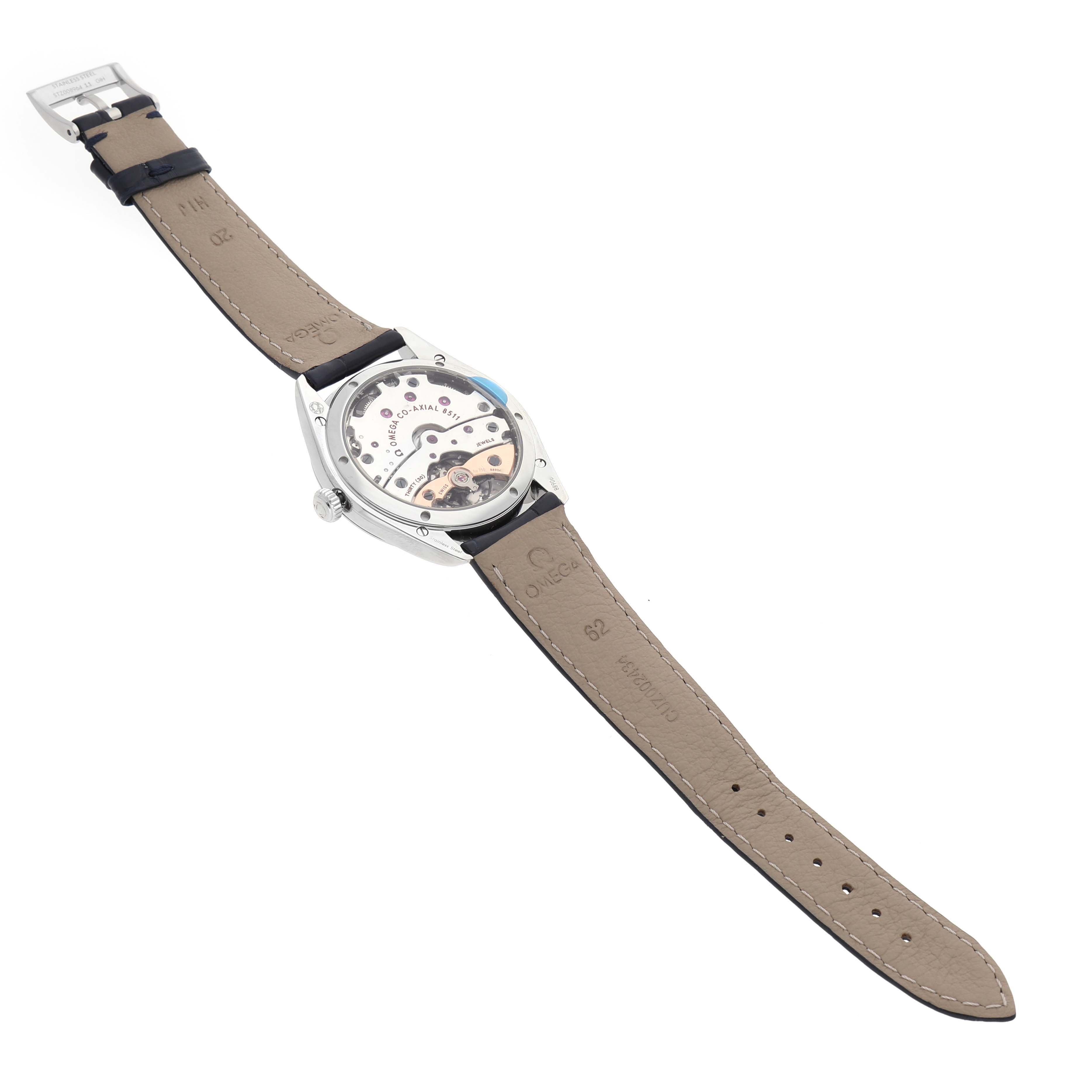 The Omega De Ville 432.18.40.21.03.001 Men's Stainless Steel Blue Dial watch is shown at an angle highlighting its back case and leather strap.