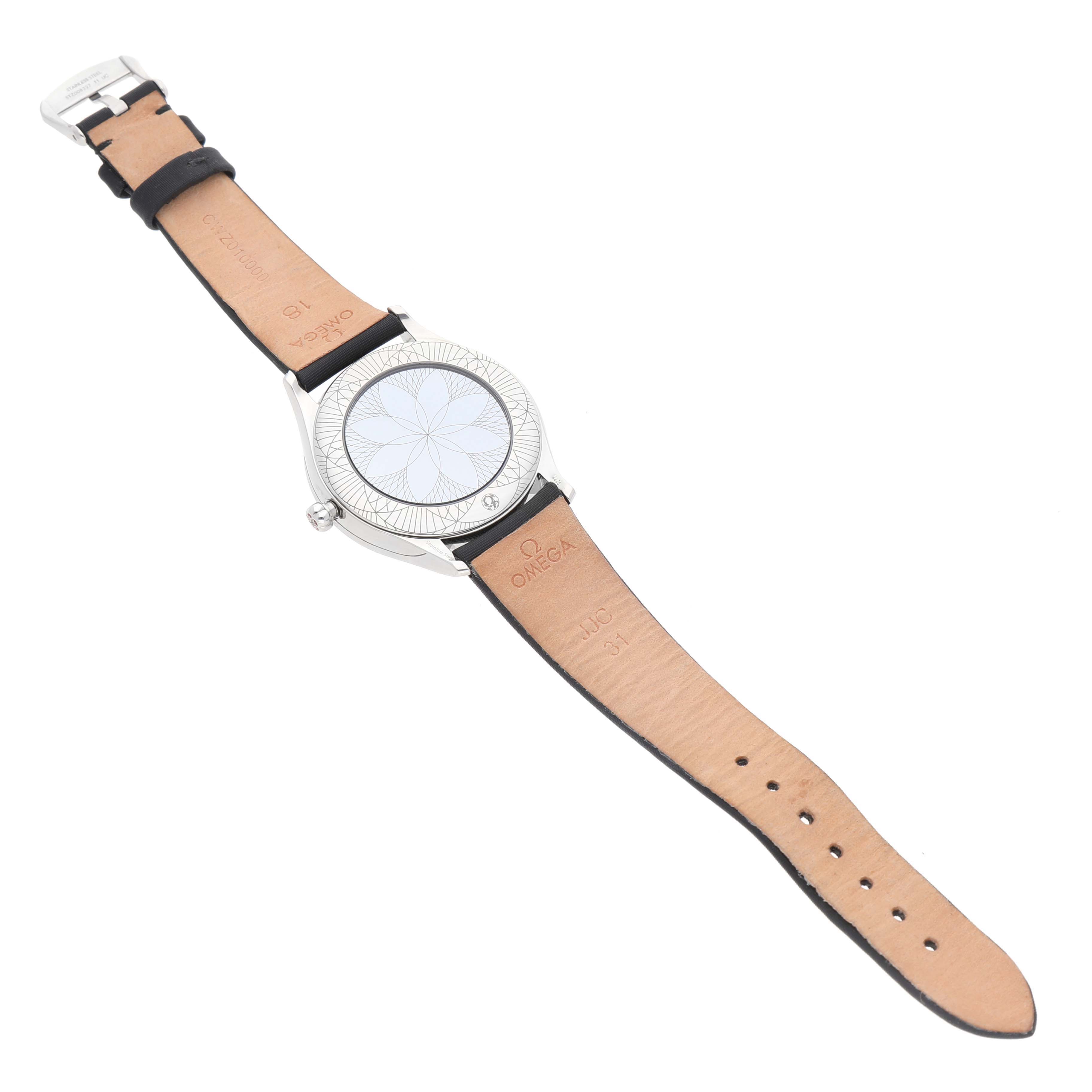 The Omega 428.17.36.60.05.001 Women's Stainless Steel Mother of Pearl Dial De Ville Tresor Ladies Watch is shown from the back, displaying the leather strap and case back detailing.