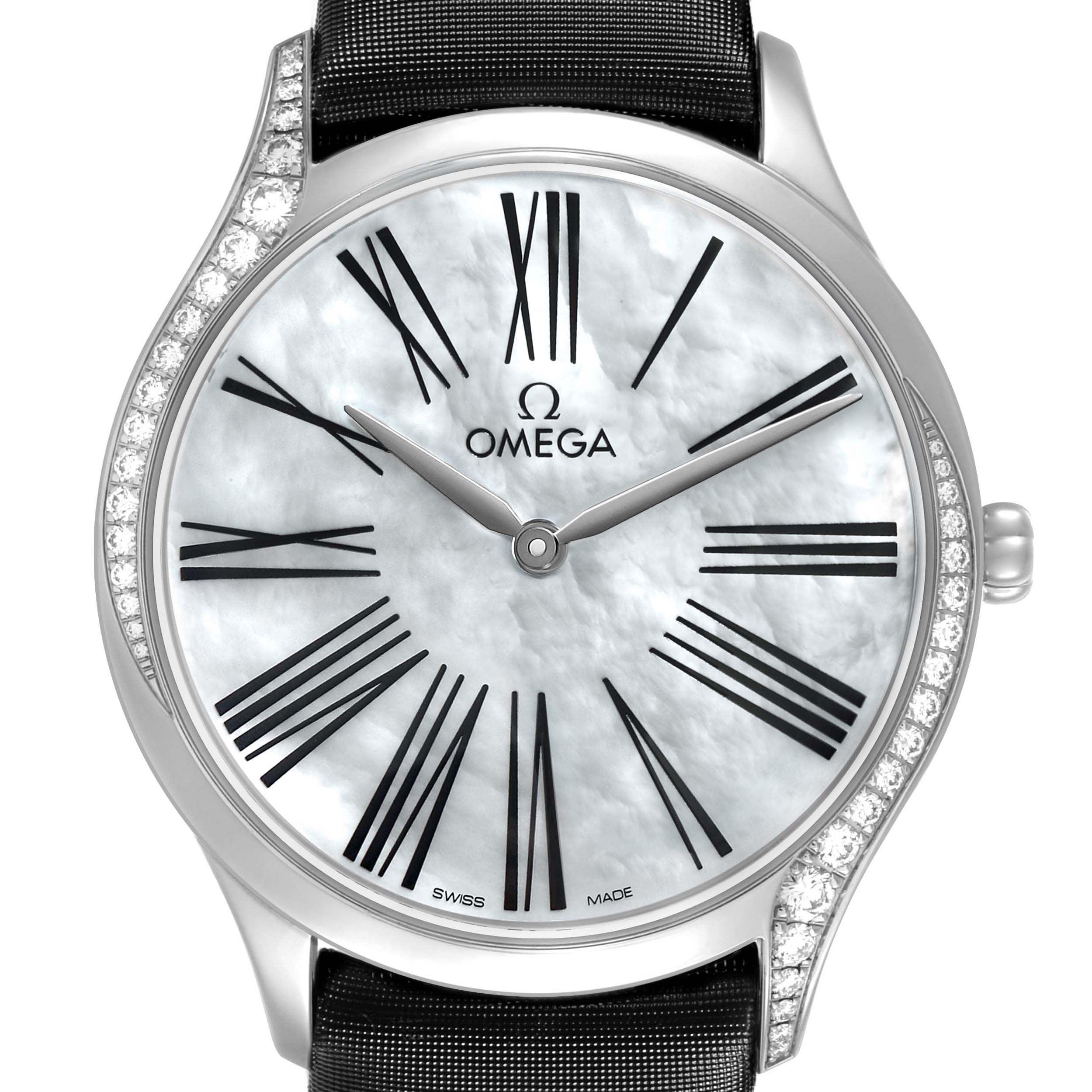 The Omega 428.17.36.60.05.001 Women's Stainless Steel Mother of Pearl Dial De Ville Tresor Ladies Watch is shown from a front angle, highlighting the face, diamond-set bezel, and crown.