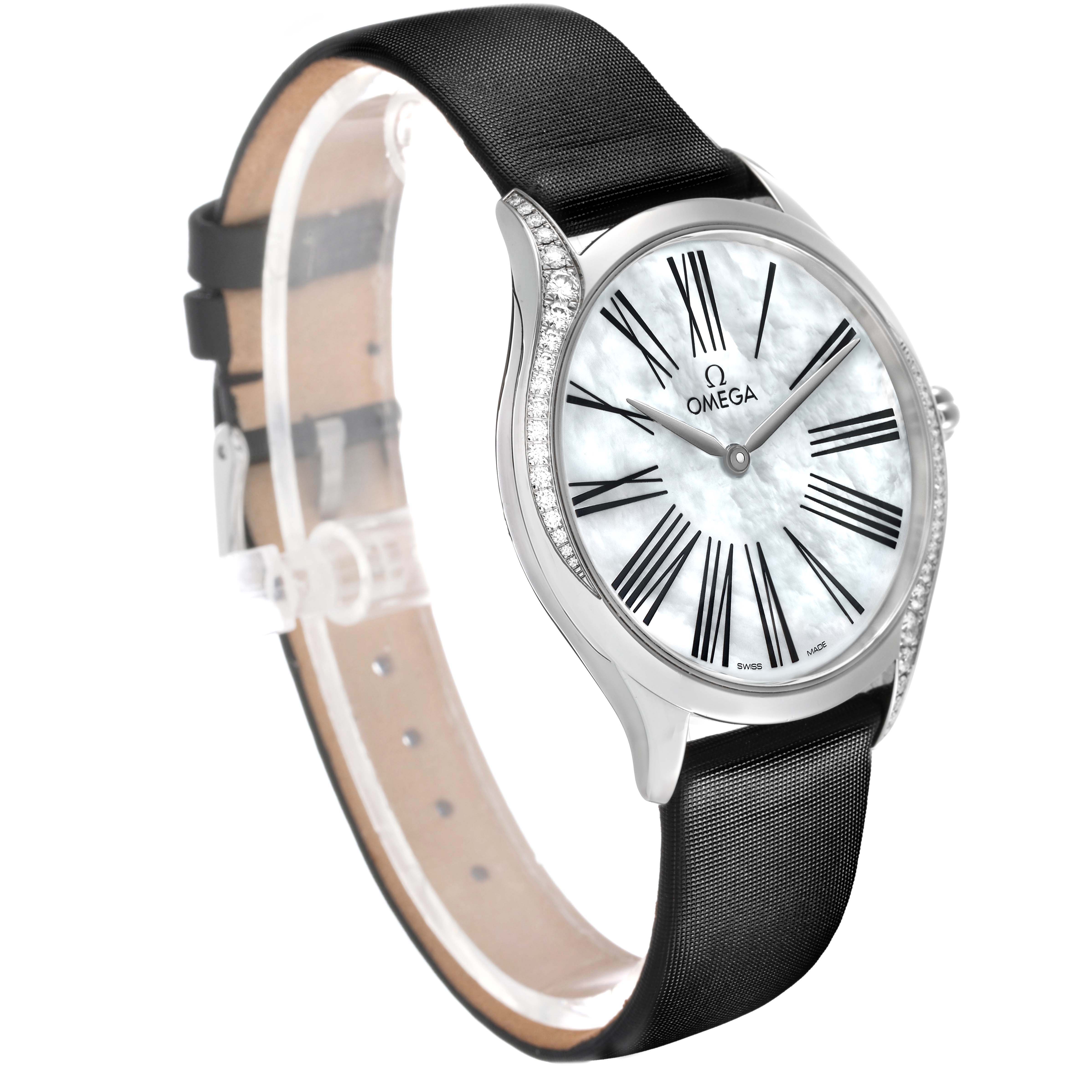 The Omega 428.17.36.60.05.001 Women's Stainless Steel Mother of Pearl Dial De Ville Tresor Steel Diamond Ladies Watch is shown from an angled side view, highlighting its dial, case, and band.