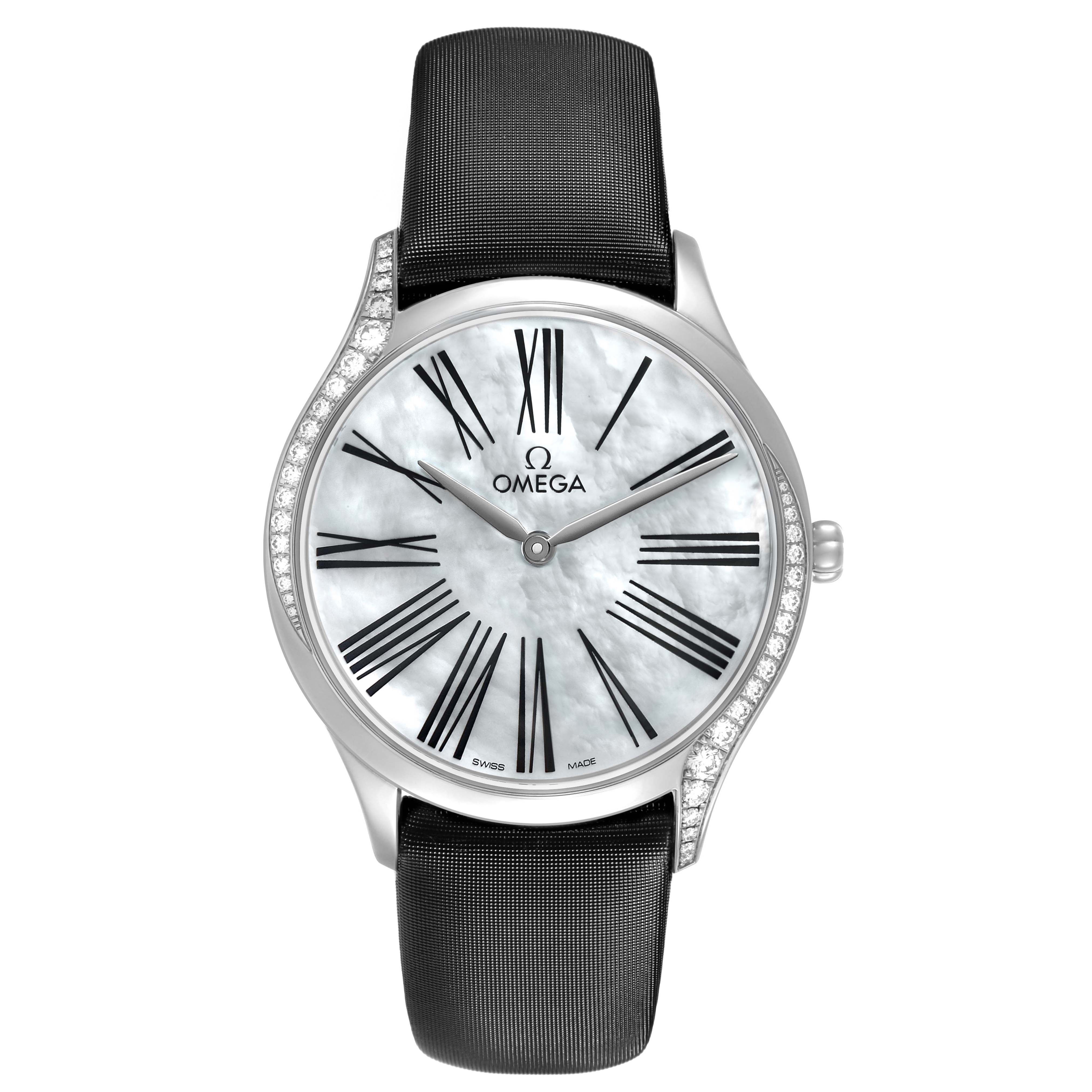 The Omega 428.17.36.60.05.001 Women's Stainless Steel Mother of Pearl Dial De Ville Tresor Steel Diamond Ladies Watch is shown front-facing, highlighting its face, diamond-set bezel, and strap.