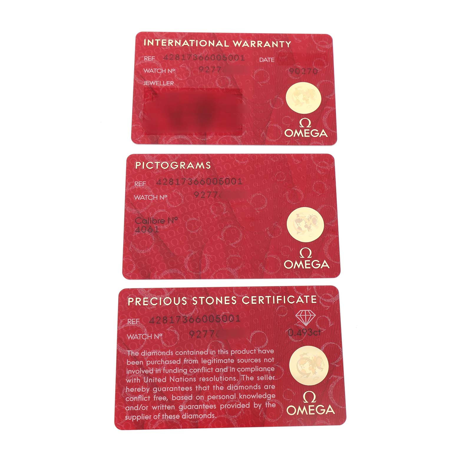 The image shows three warranty and certification cards for the Omega 428.17.36.60.05.001 Women's Stainless Steel Mother of Pearl Dial De Ville Tresor Steel Diamond Ladies Watch.