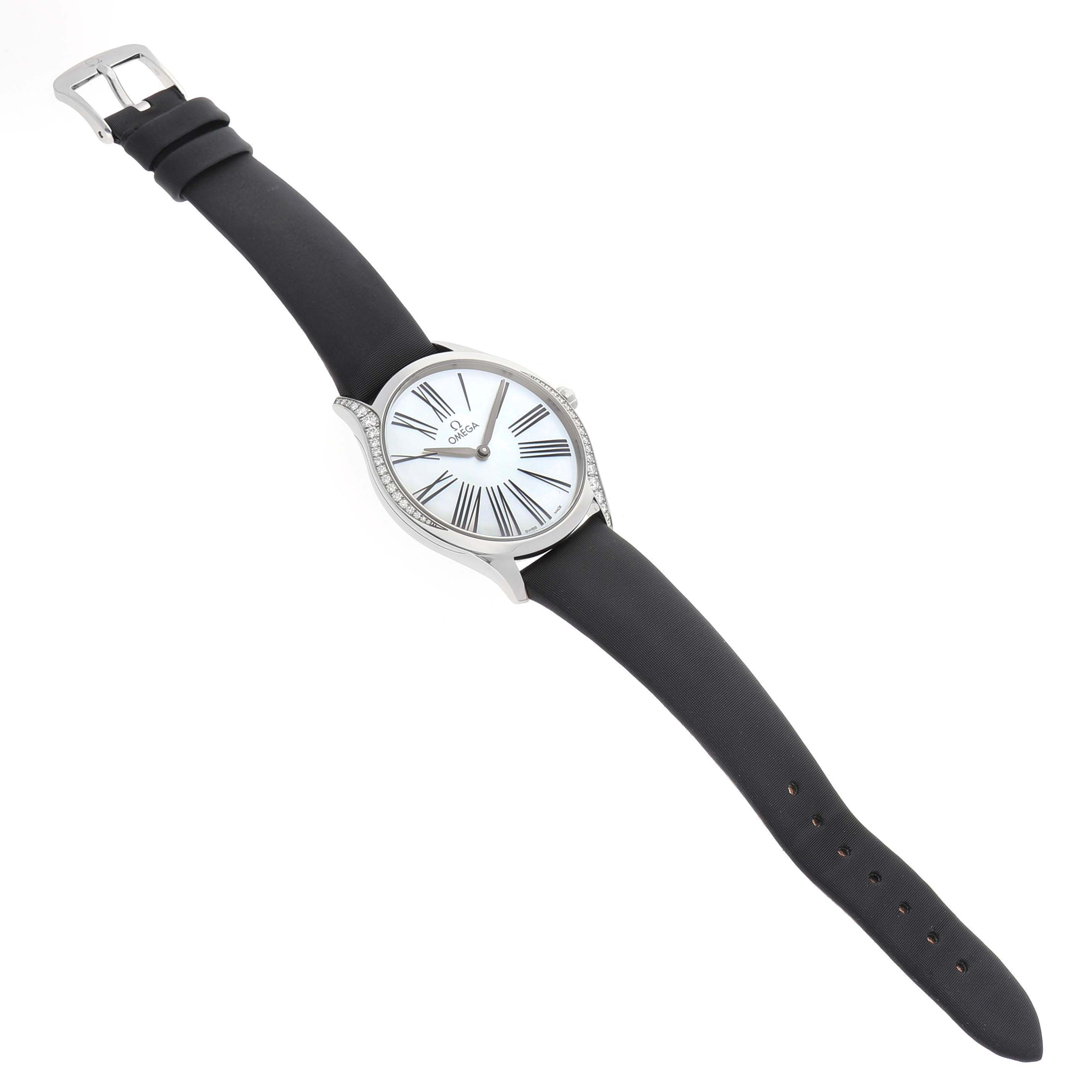 The Omega 428.17.36.60.05.001 Women's Stainless Steel Mother of Pearl Dial De Ville Tresor watch is shown from a top view, displaying the face, strap, and buckle.