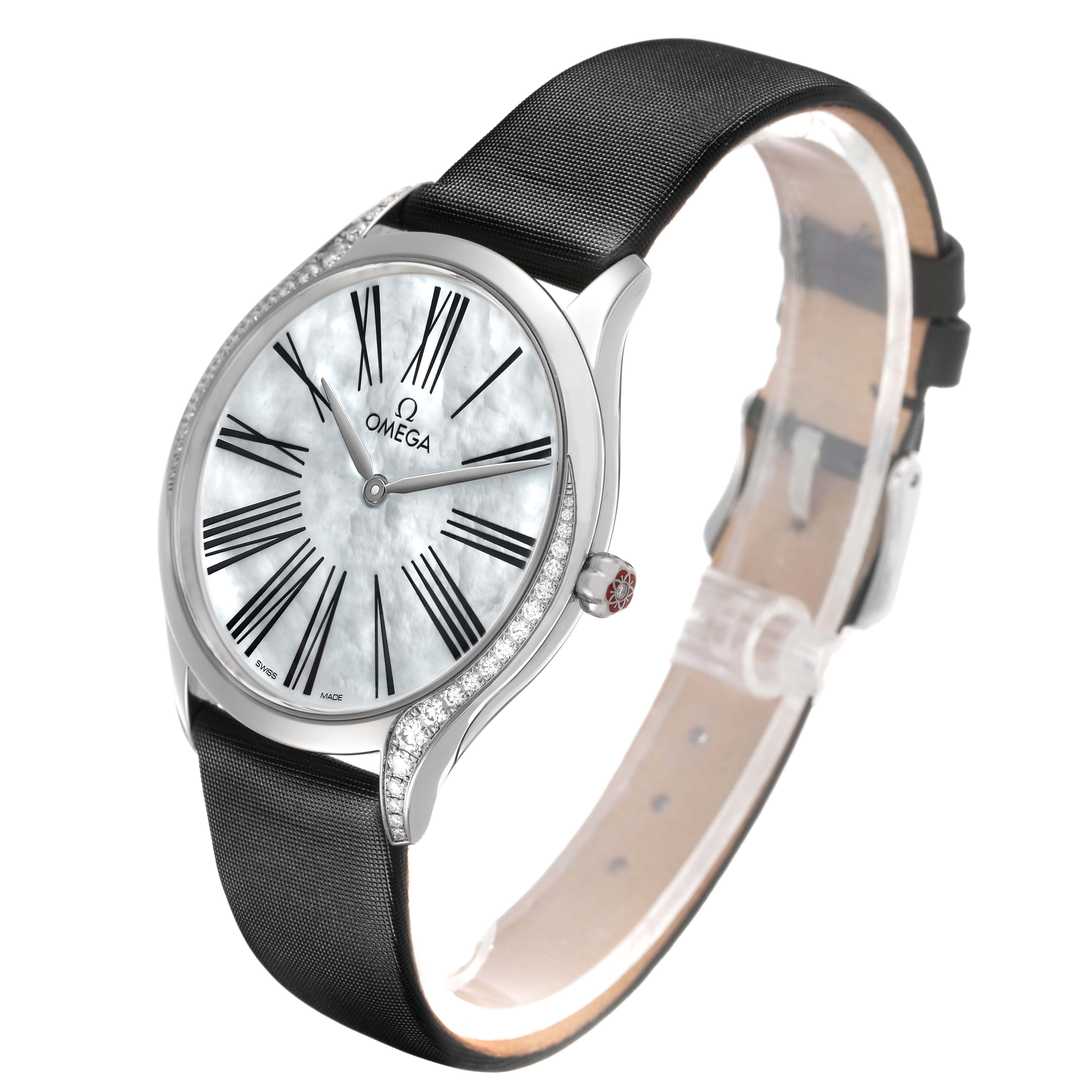 The Omega 428.17.36.60.05.001 Women's Stainless Steel Mother of Pearl Dial De Ville Tresor Steel Diamond Ladies Watch is shown at an angled side view, highlighting the dial, diamonds, and strap.