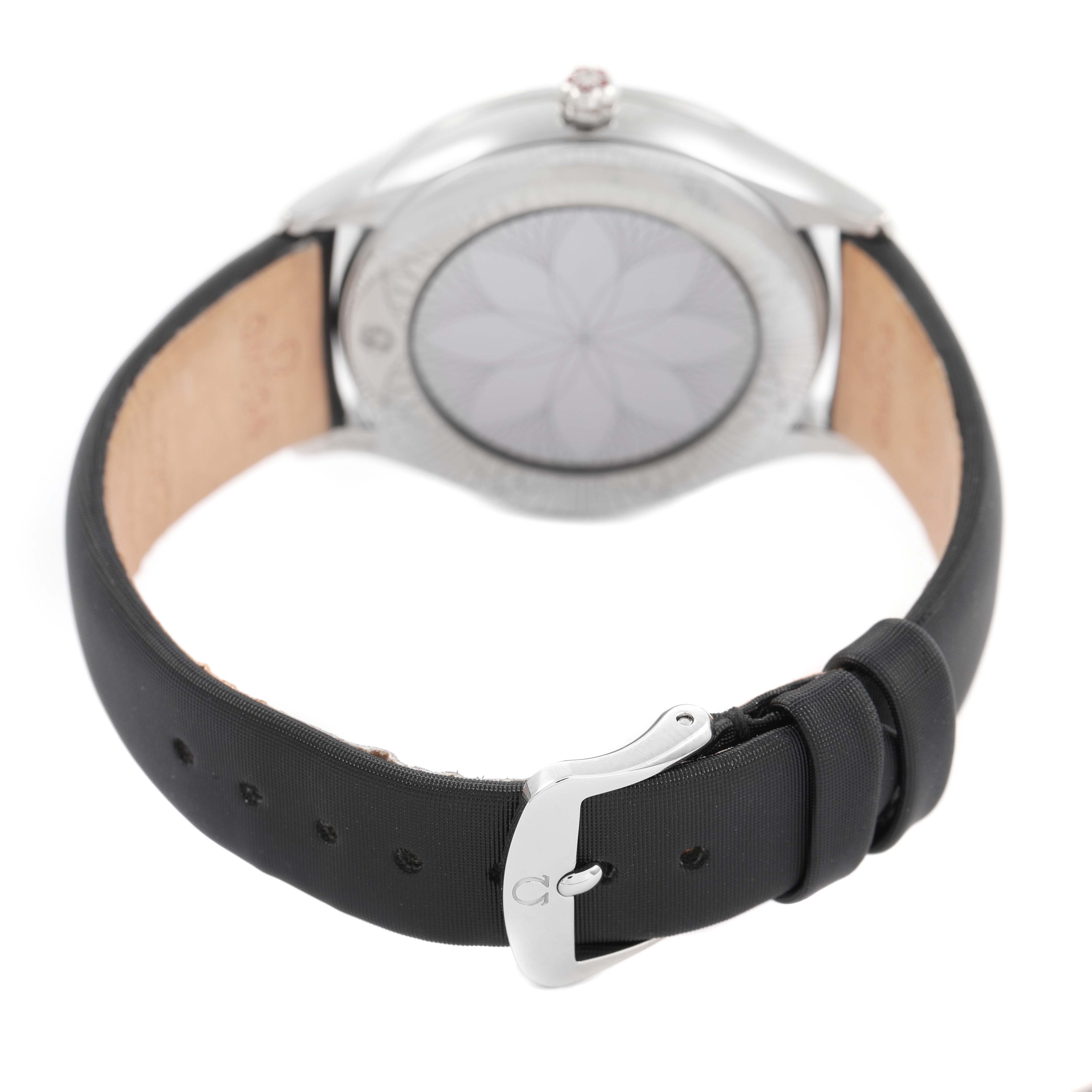The image shows the back view of the Omega 428.17.36.60.05.001 Women's Stainless Steel Mother of Pearl Dial De Ville Tresor Steel Diamond Ladies Watch, highlighting the strap and buckle.