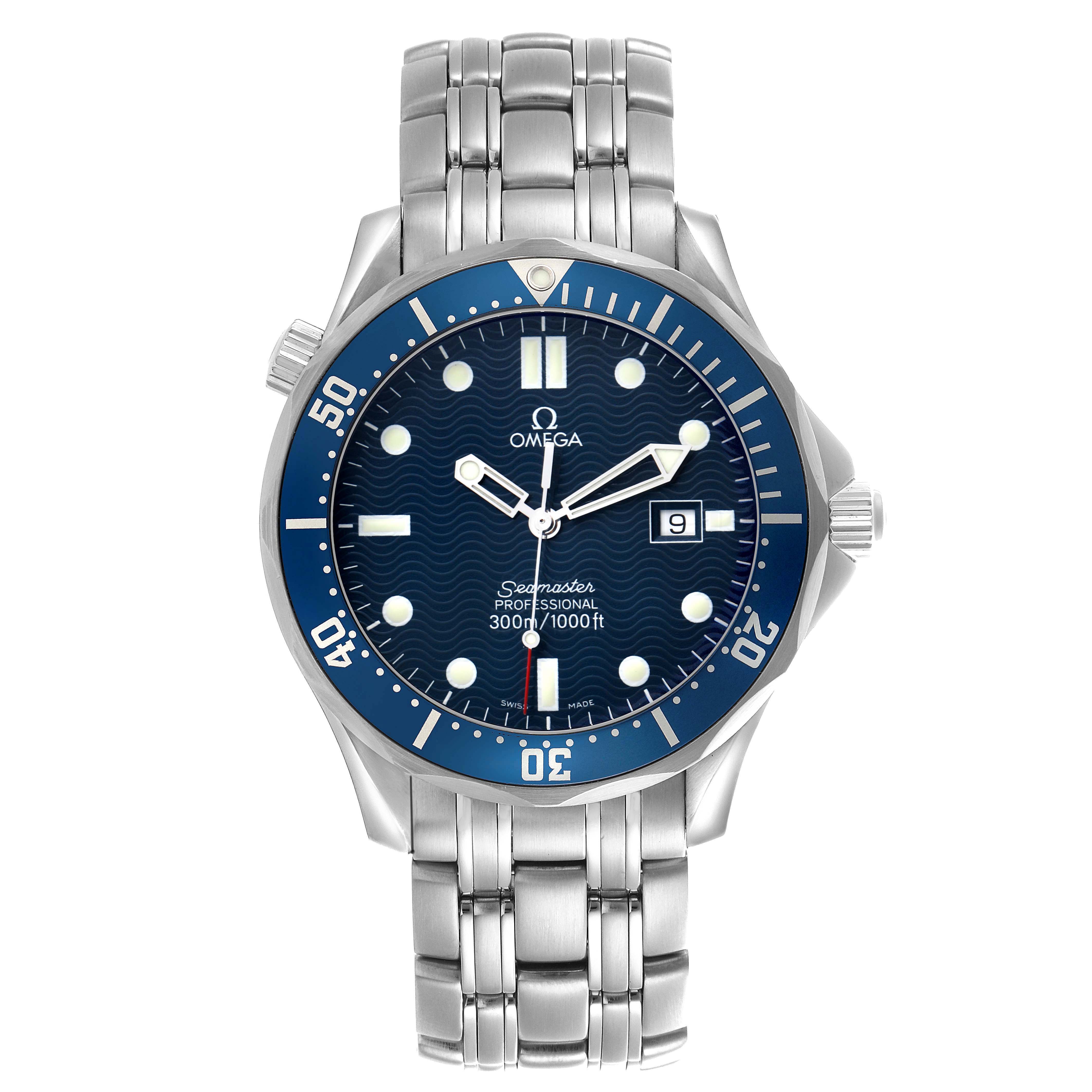 The Omega Seamaster 2541.80.00 Men
s Stainless Steel Blue Dial watch is shown from the front, highlighting its dial, bezel, hands, and metal bracelet.