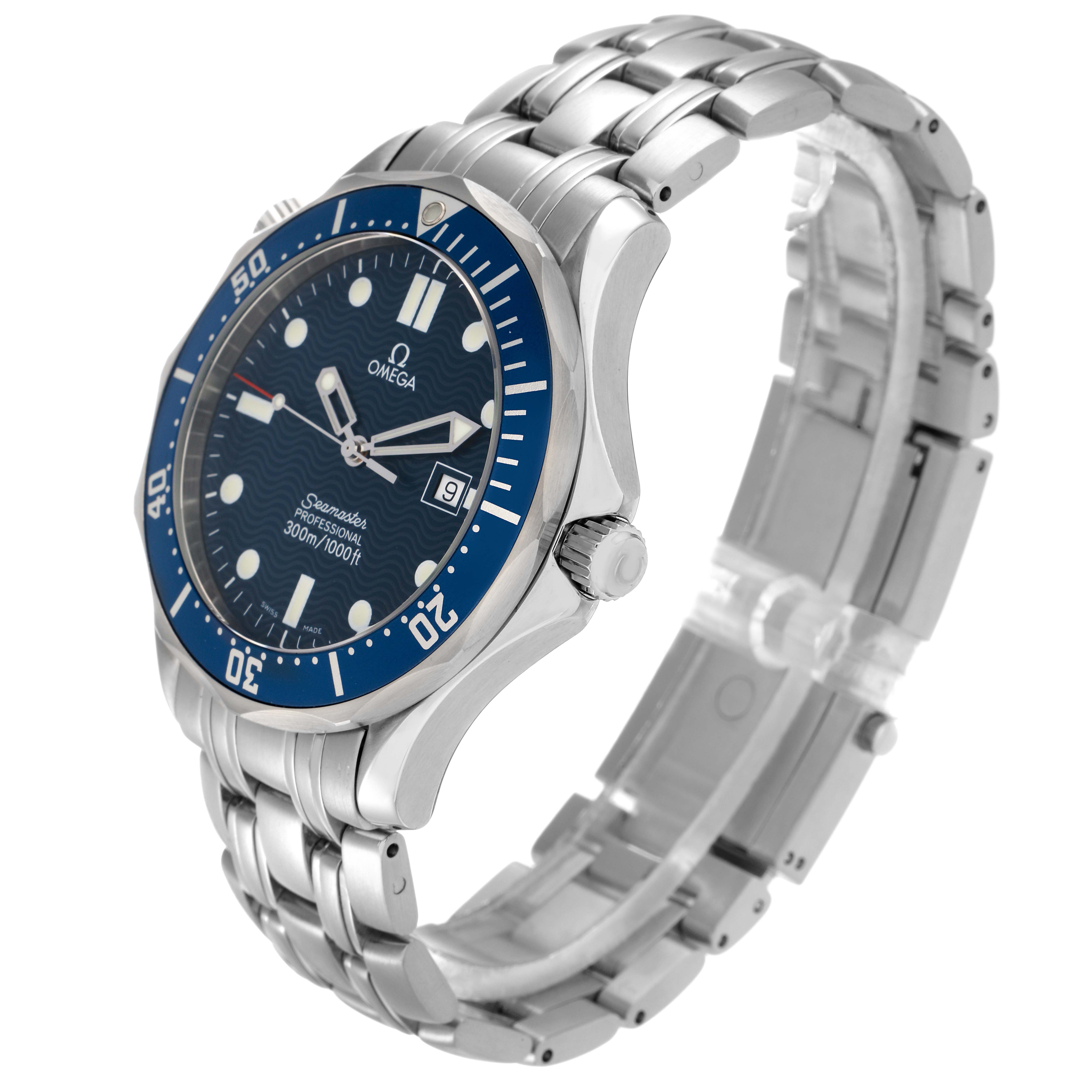 The Omega Seamaster 2541.80.00 Men
s Stainless Steel Blue Dial watch is shown at a three-quarter angle, highlighting the face, bezel, crown, and metal bracelet.