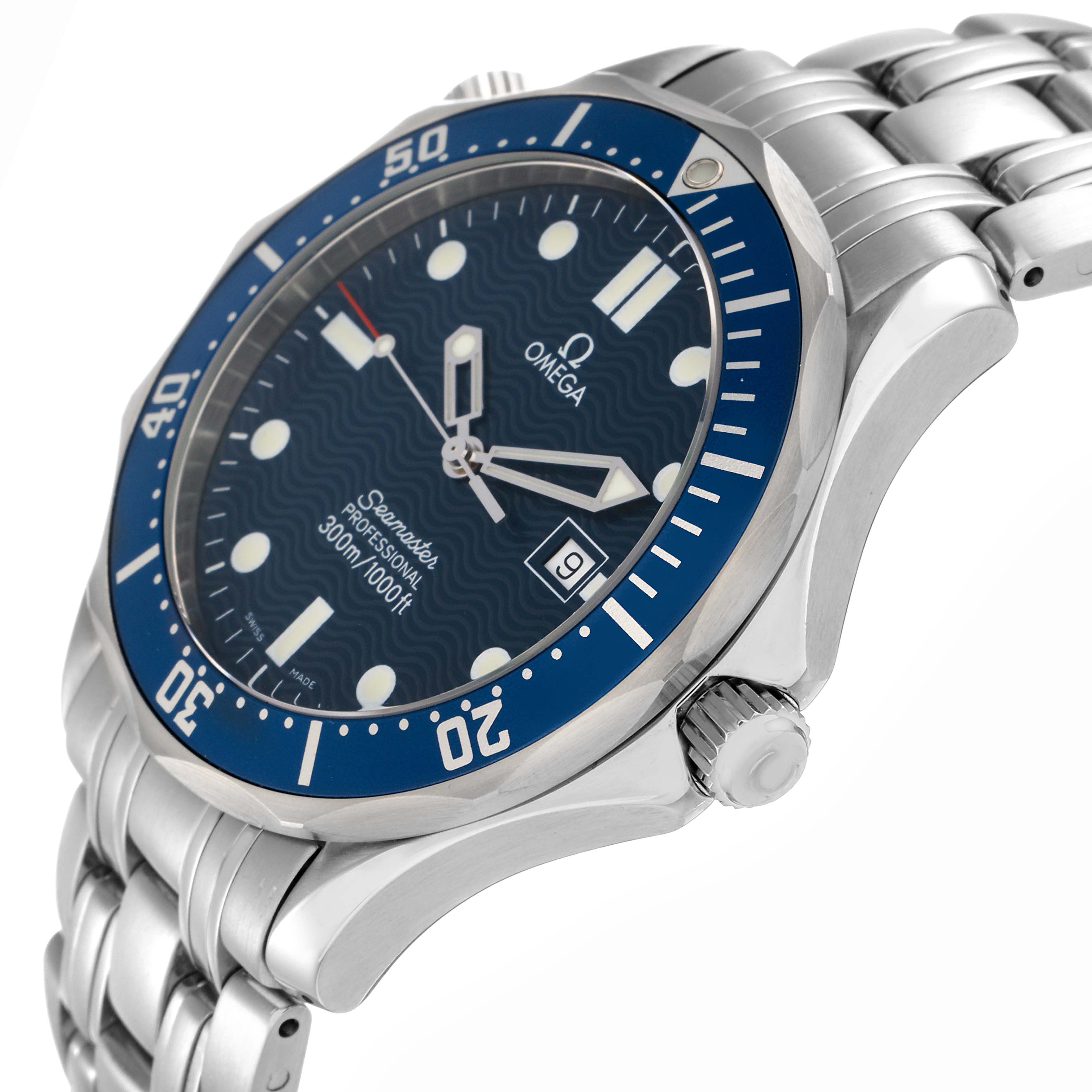 The Omega Seamaster 2541.80.00 Men
s Stainless Steel Blue Dial watch is shown at an angle highlighting its face, bezel, crown, and part of the bracelet.