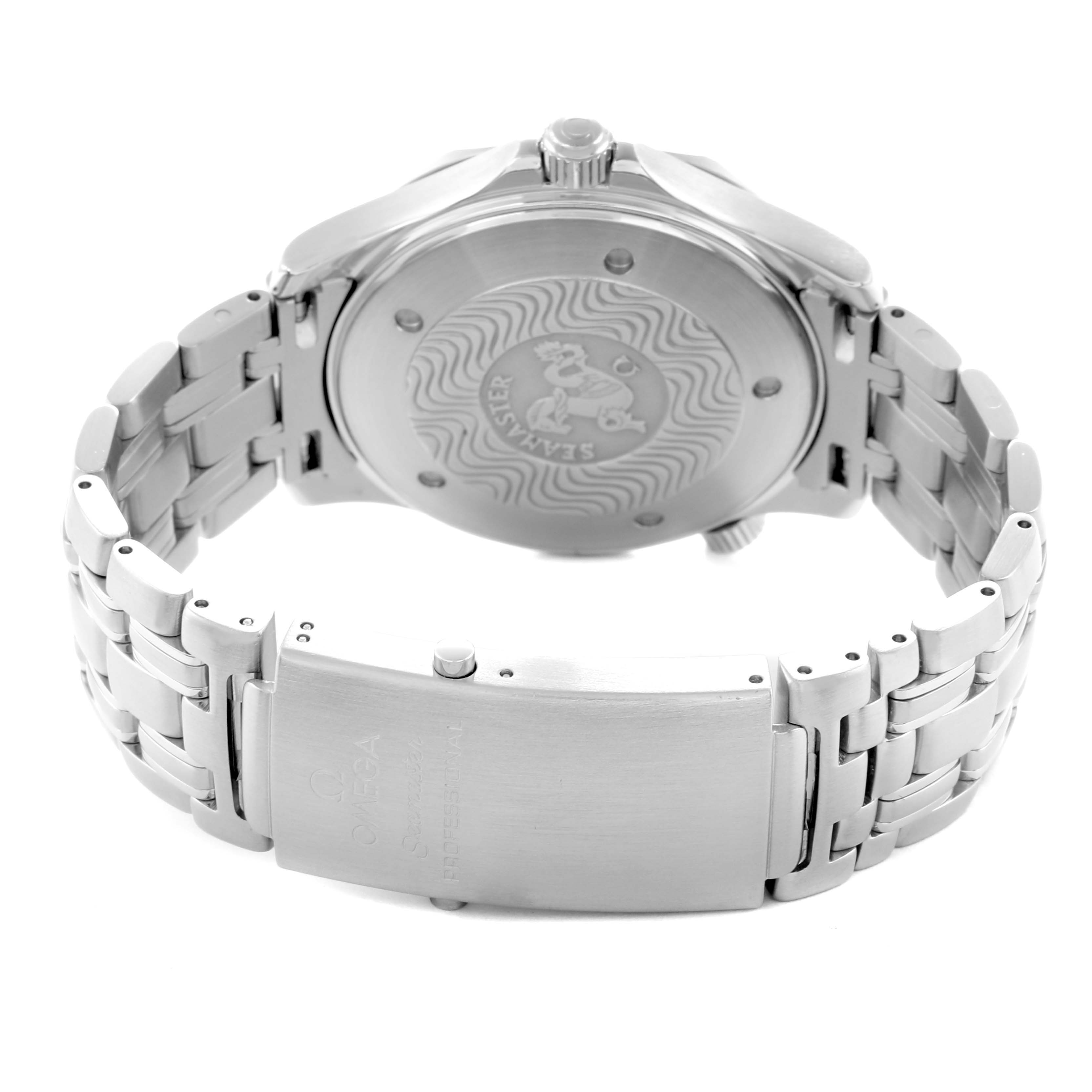 The image shows the back of the Omega Seamaster 2541.80.00 Men
s Stainless Steel Blue Dial watch, highlighting the case back, crown, and bracelet clasp.