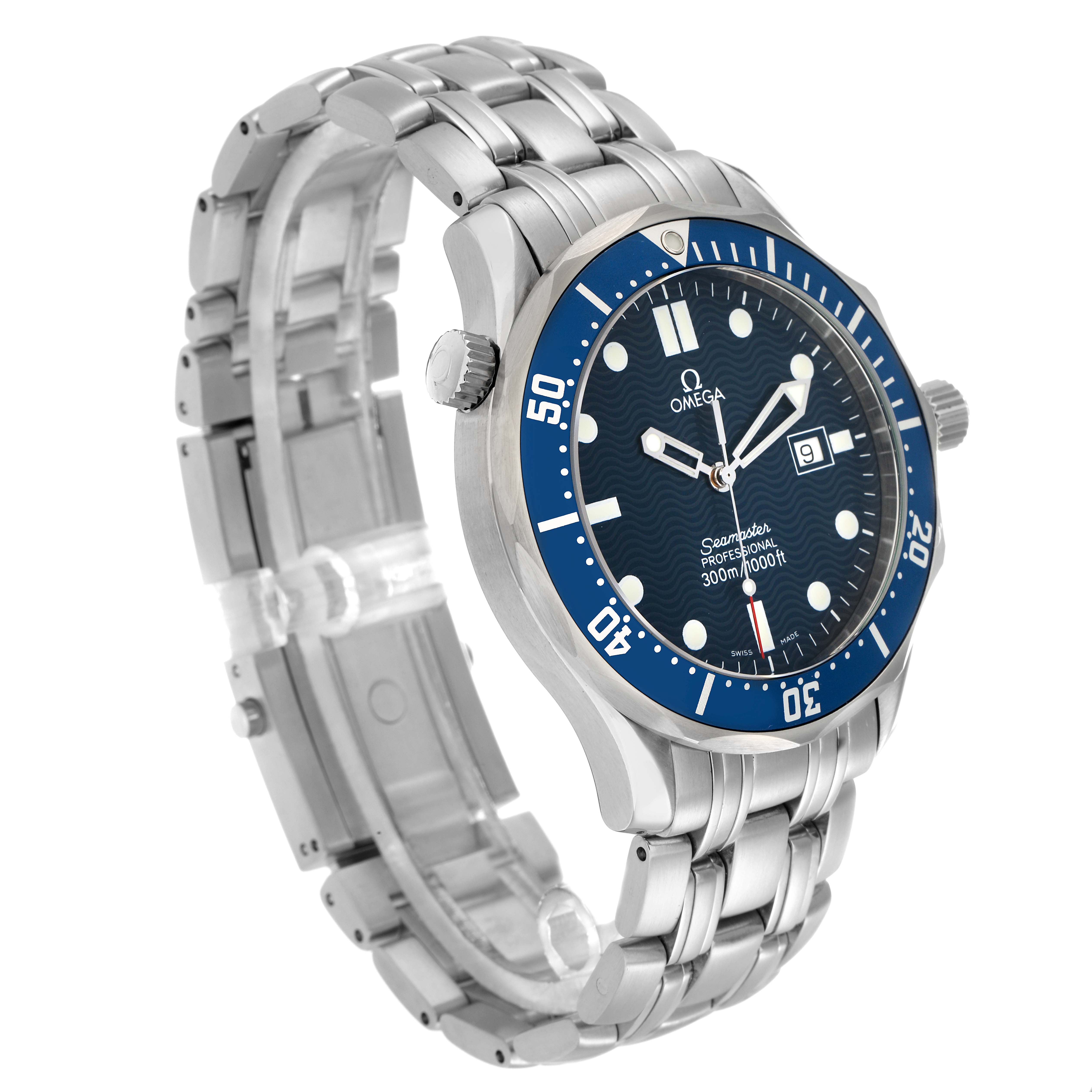 The Omega Seamaster 2541.80.00 Men
s Stainless Steel Blue Dial watch is shown at a three-quarter angle highlighting the face, bezel, crown, and bracelet.