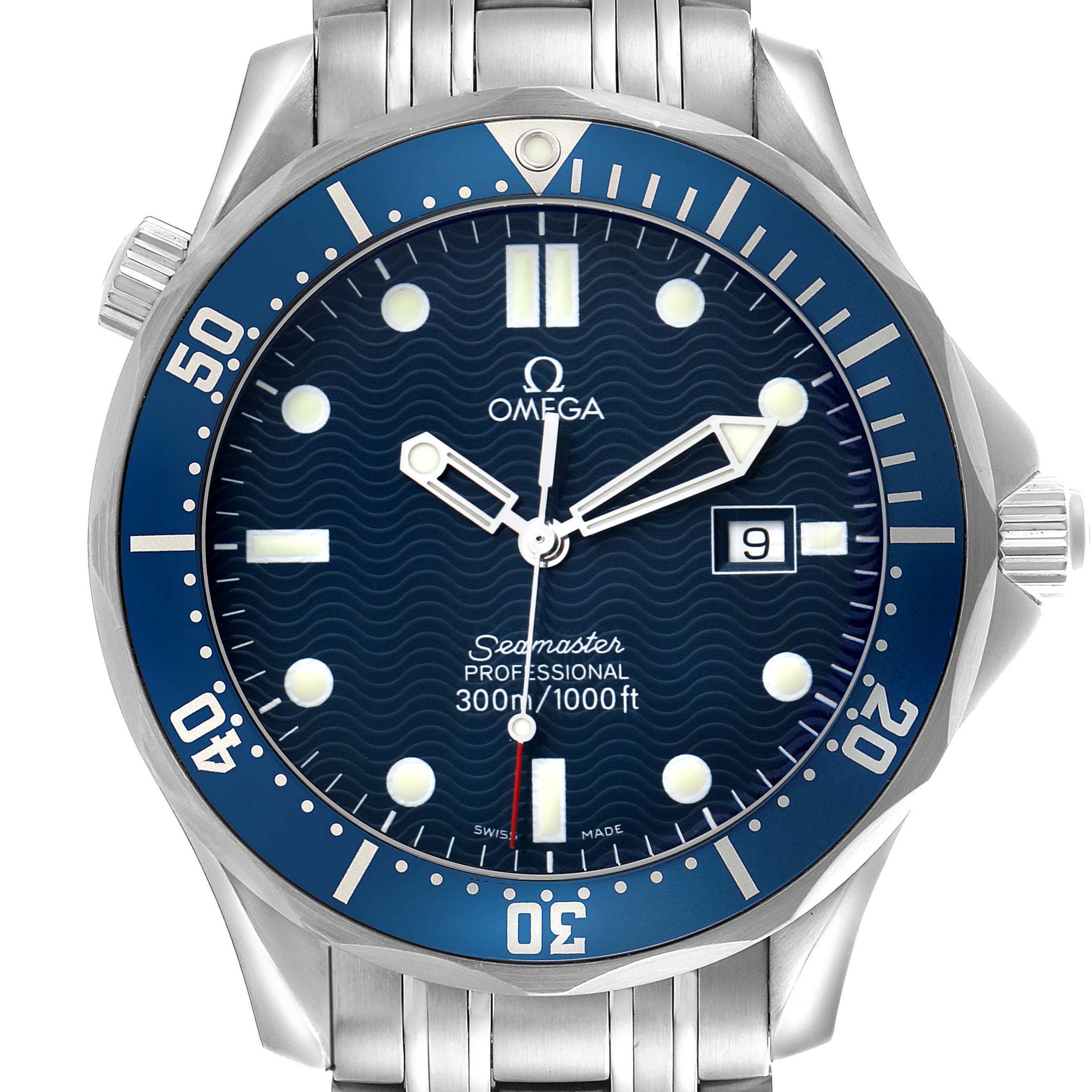 The image shows a front view of the Omega Seamaster 2541.80.00 Men
s Stainless Steel Blue Dial watch, highlighting its blue dial, bezel, and stainless steel bracelet.