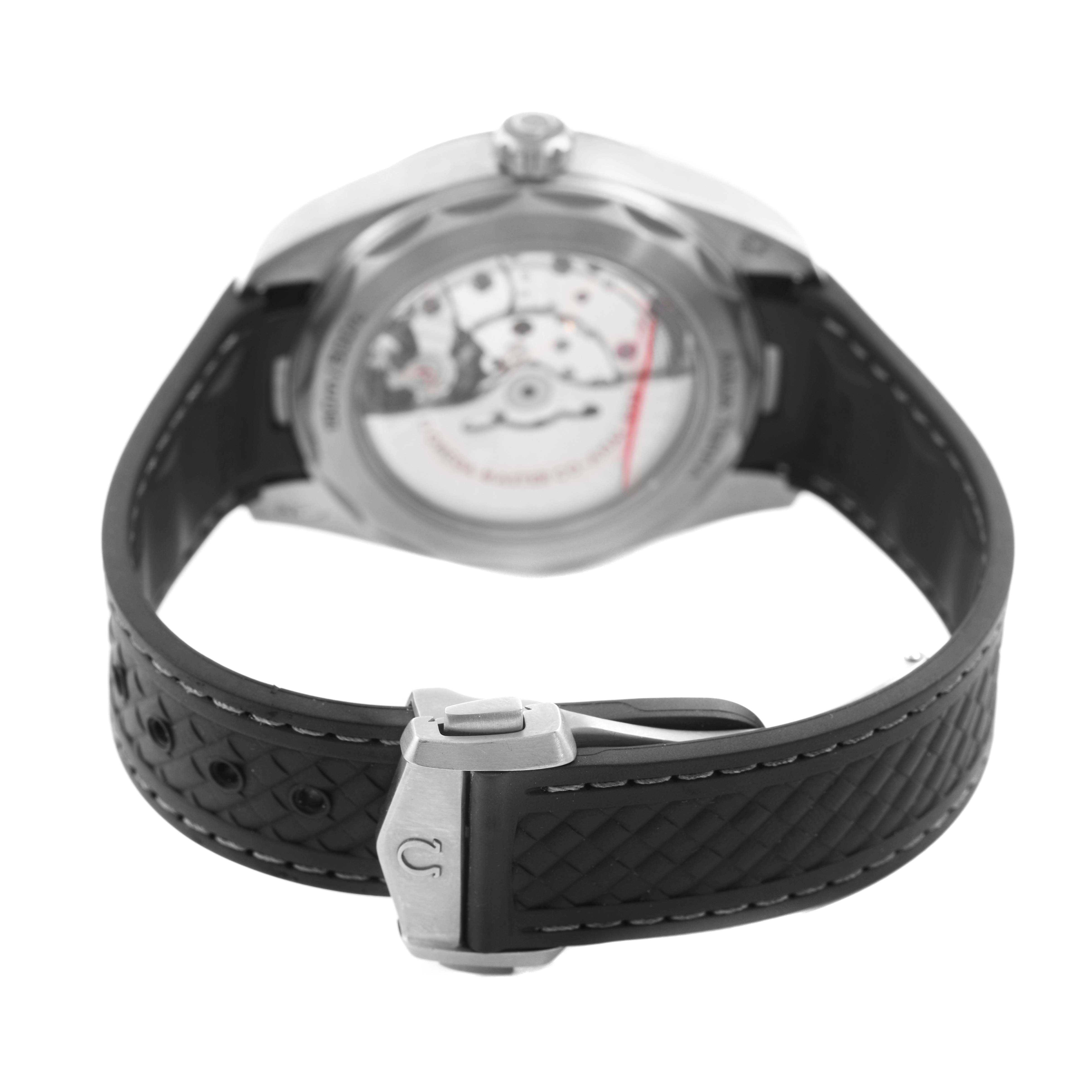 The Omega Aqua Terra 220.92.43.22.99.001 Men's Titanium Grey Dial watch is shown from the back, highlighting the clasp, strap, and partially visible case back mechanism.