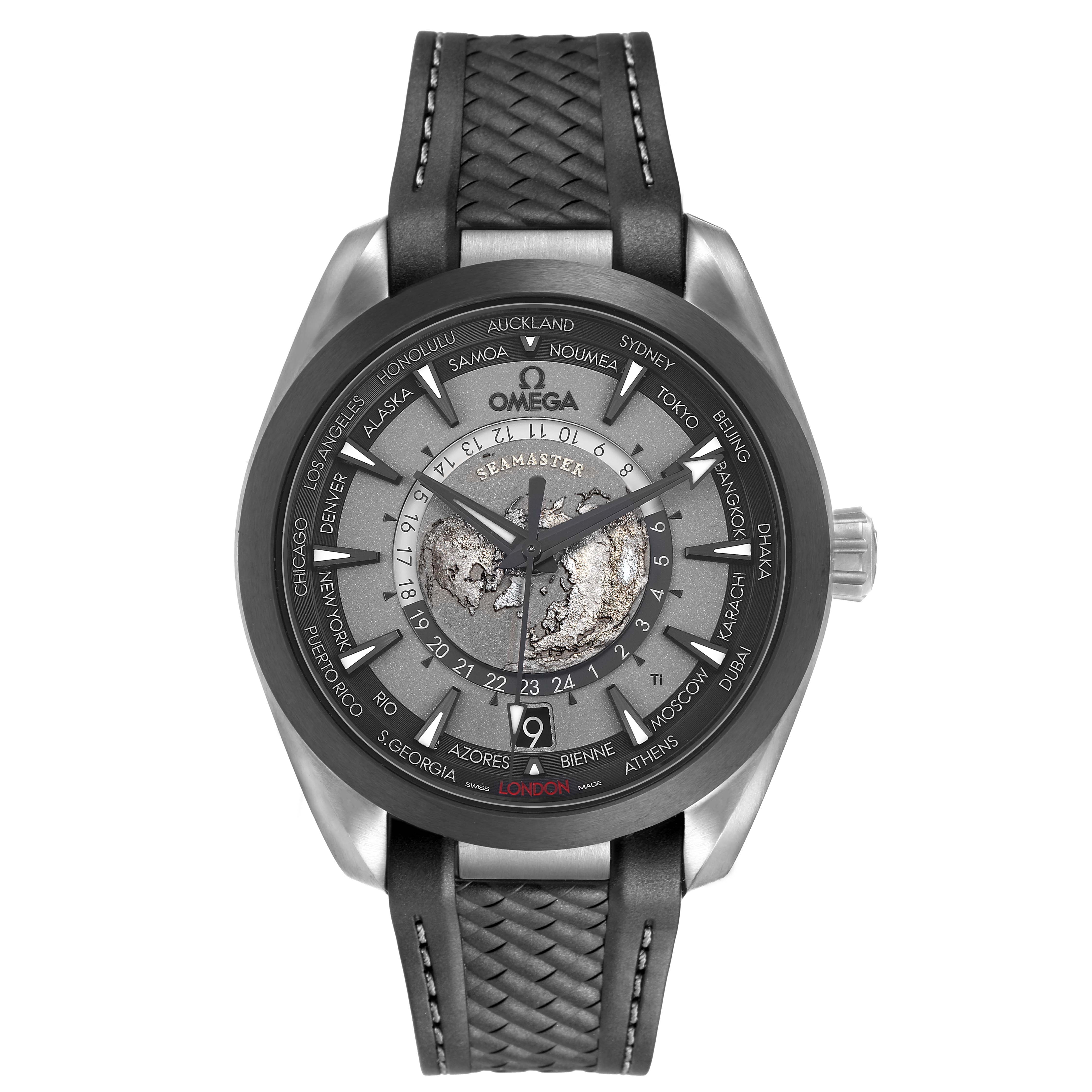 The Omega Aqua Terra 220.92.43.22.99.001 Men's Titanium Grey Dial watch is shown from a front view, displaying its dial, hour markers, and strap.