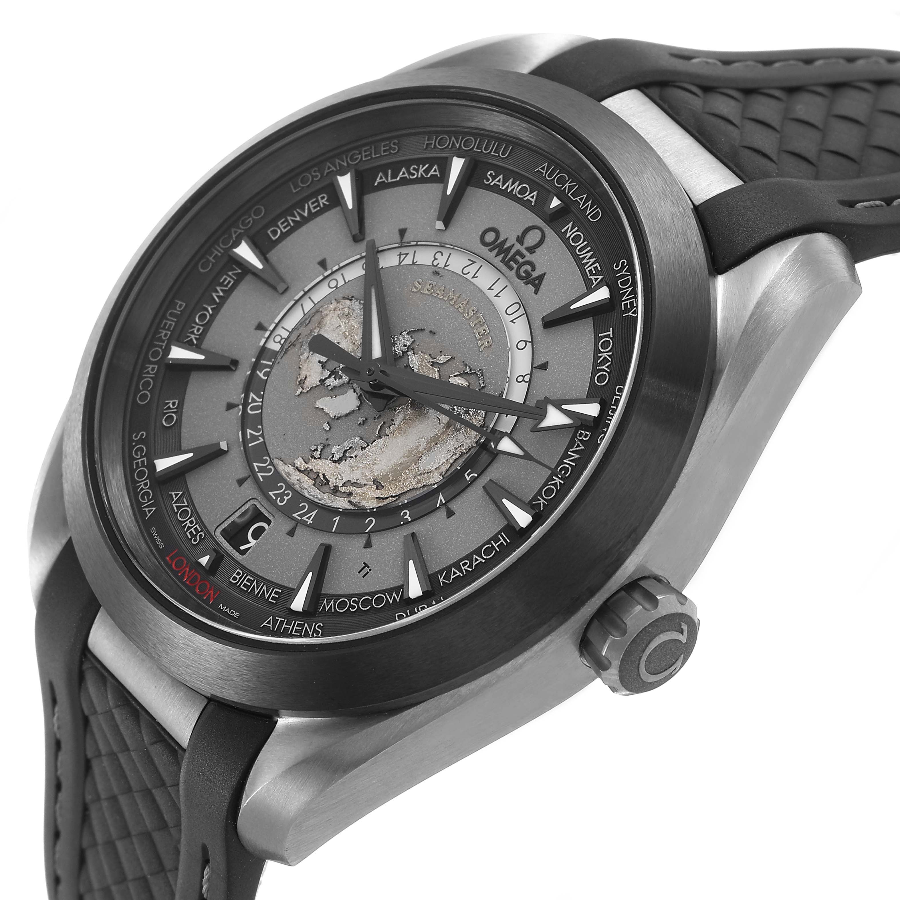 The Omega Aqua Terra 220.92.43.22.99.001 Men's Titanium Grey Dial watch is shown at an angle highlighting the dial, bezel, and crown on the side.