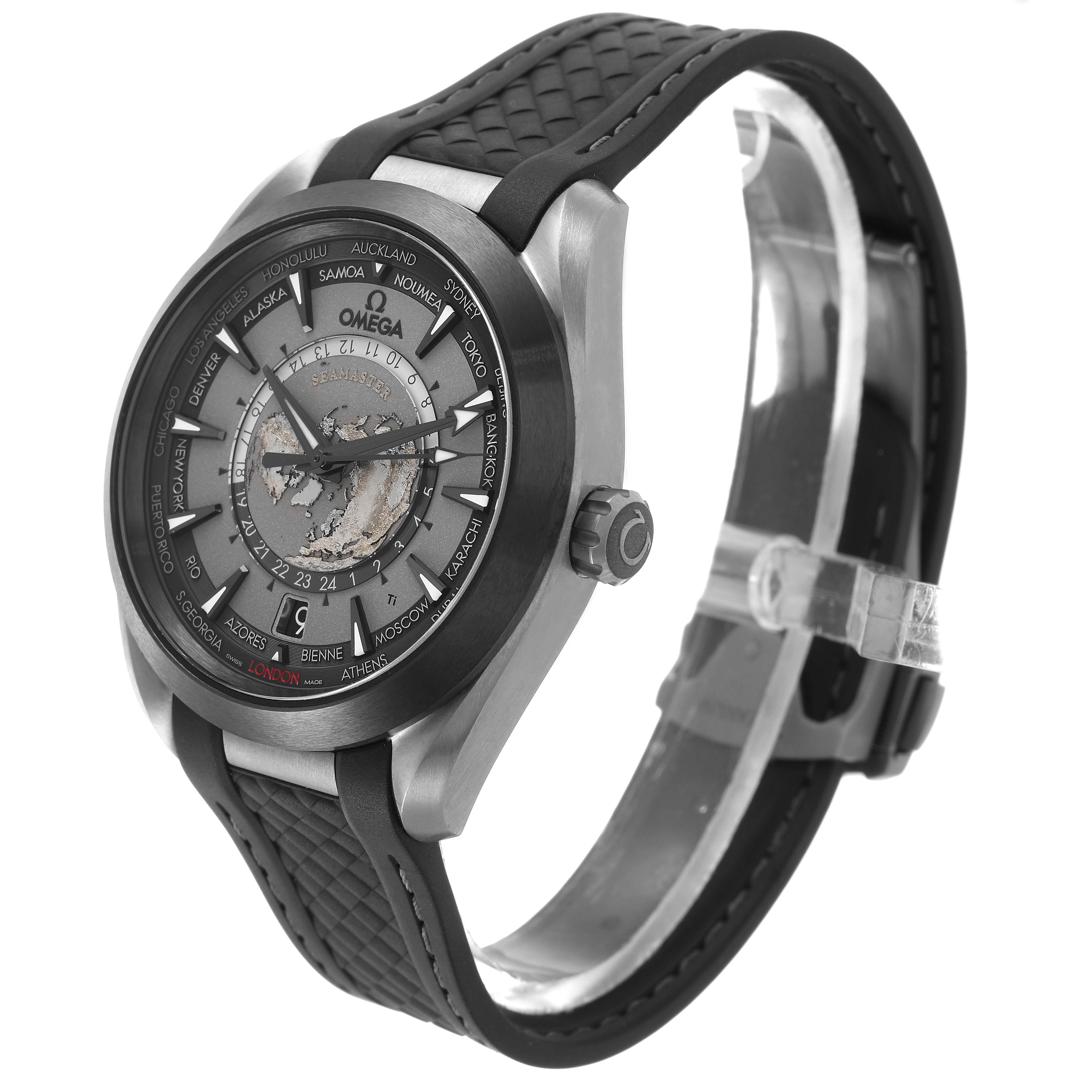 The Omega Aqua Terra 220.92.43.22.99.001 Men's Titanium Grey Dial watch is shown at a three-quarter angle, displaying the face, case, bezel, and textured strap.