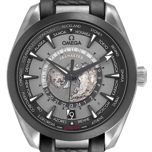 The Omega Aqua Terra 220.92.43.22.99.001 Men's Titanium Grey Dial watch is shown from the front, displaying its dial, hands, bezel, and crown.