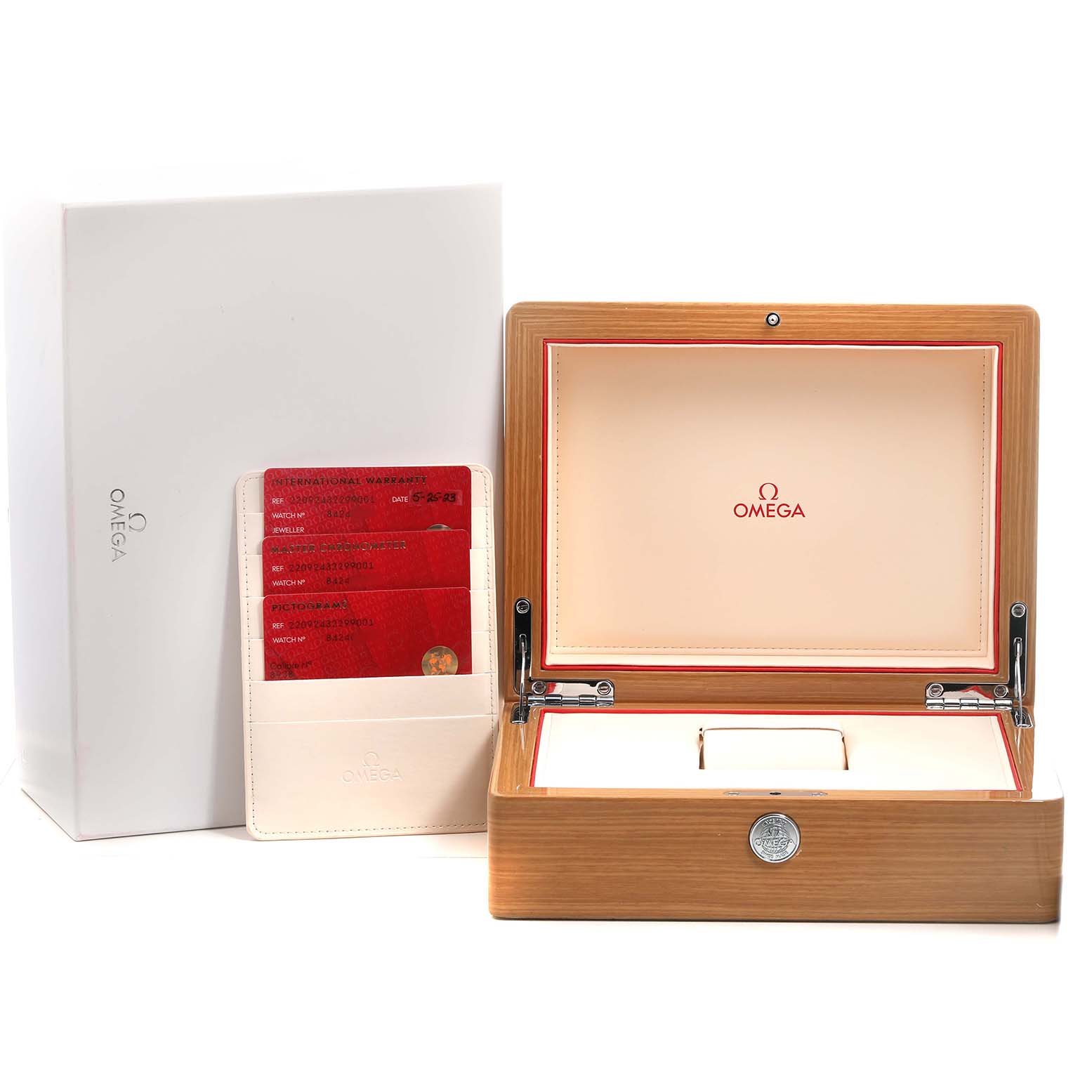 The image shows an open Omega Aqua Terra 220.92.43.22.99.001 Men's Titanium Grey Dial watch box, with a white outer box and red cards in a holder beside it.