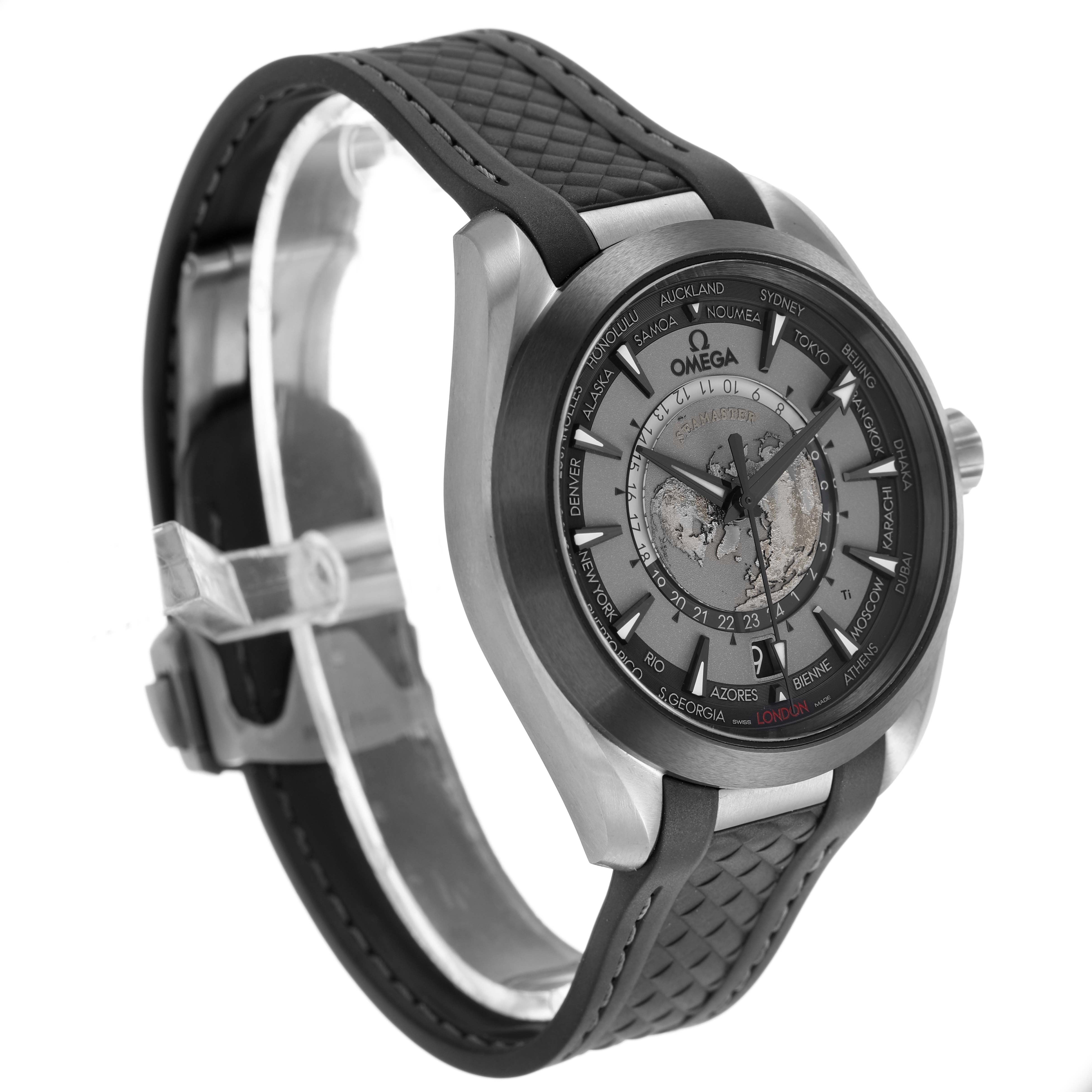 The Omega Aqua Terra 220.92.43.22.99.001 Men's Titanium Grey Dial watch is shown at a three-quarter angle, displaying its face, bezel, and textured strap.