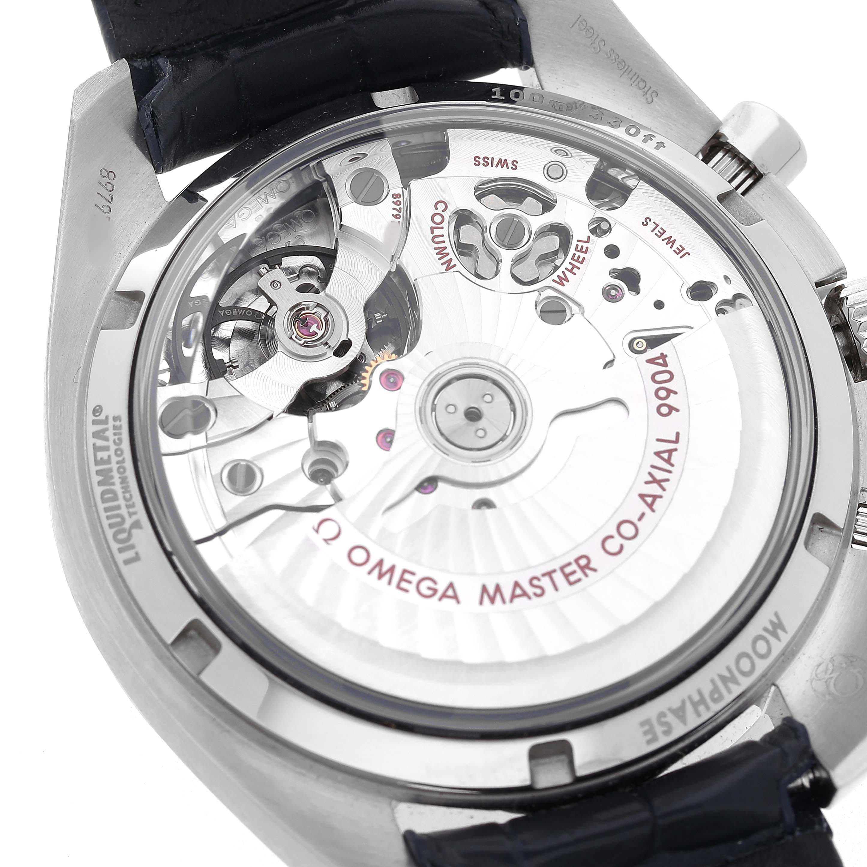 The image shows the back view of an Omega Aqua Terra 220.92.43.22.99.001 Men's Titanium Grey Dial watch, highlighting its movement and internal components.