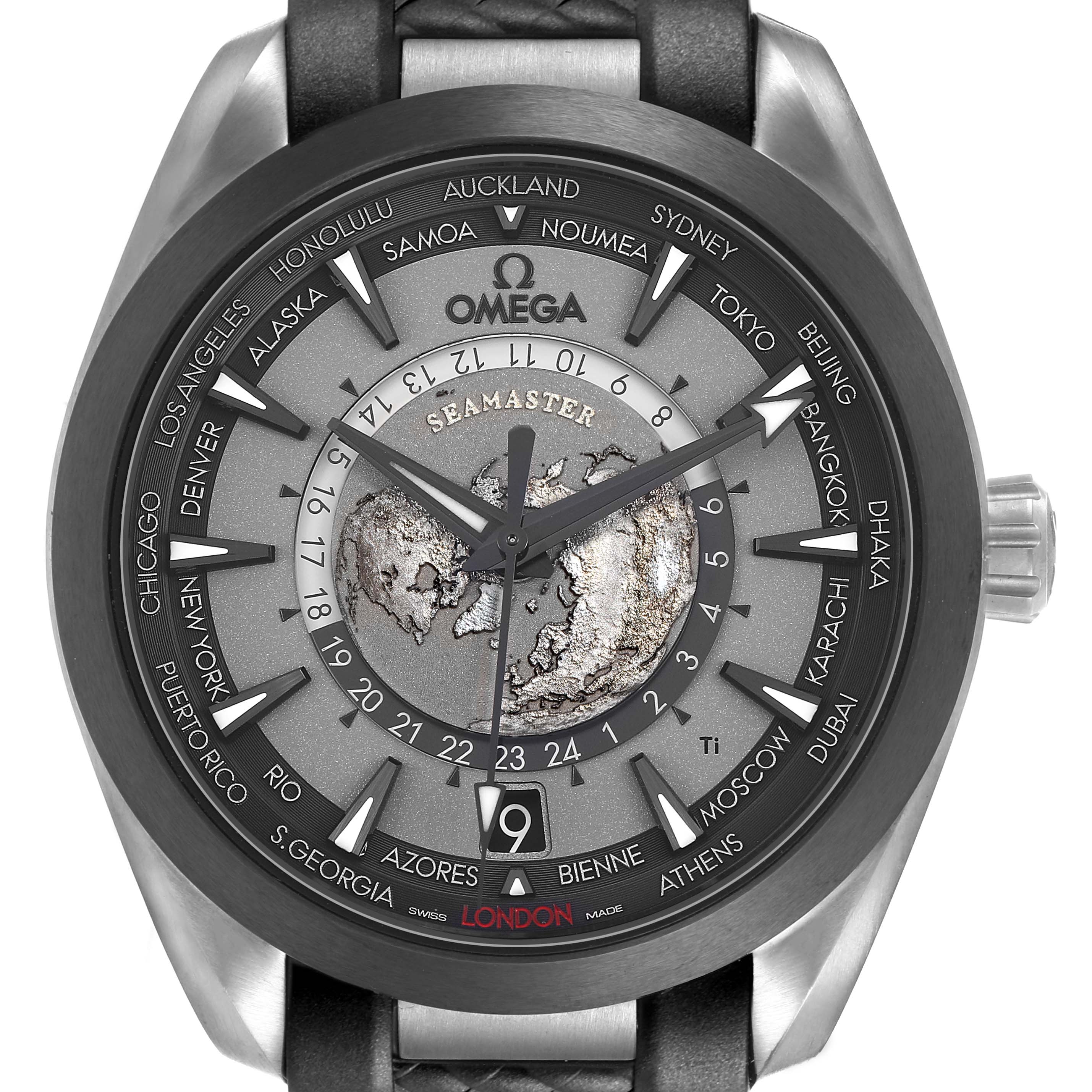 The Omega Aqua Terra 220.92.43.22.99.001 Men's Titanium Grey Dial watch is shown from a front angle, displaying its dial, bezel, and crown.
