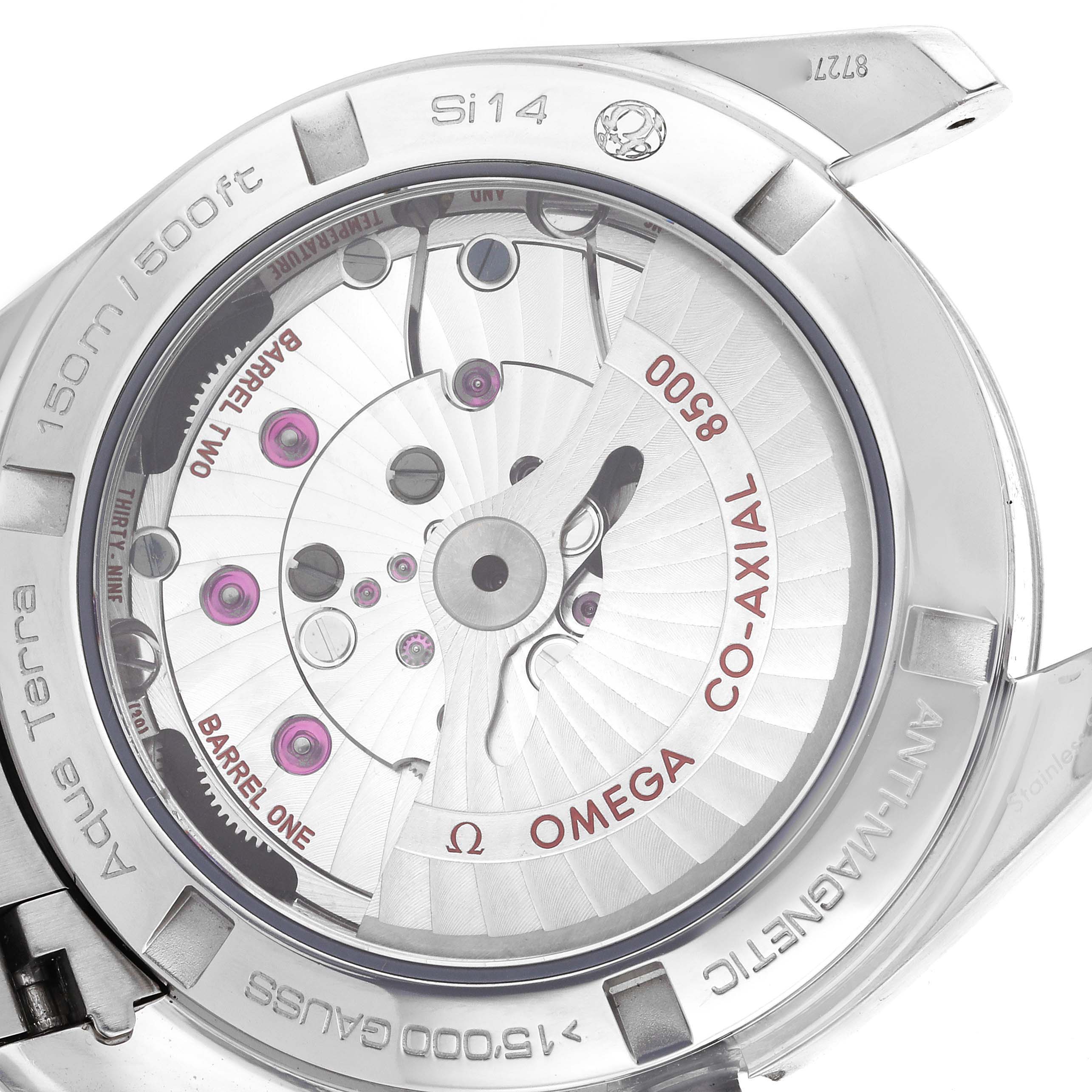 The image shows the back view of the Omega Aqua Terra 231.10.39.21.03.002 Men
s Stainless Steel Blue Dial 231.10.39.21.03.002 Men
s Stainless Steel Blue Dial watch, revealing its internal mechanism and engravings.