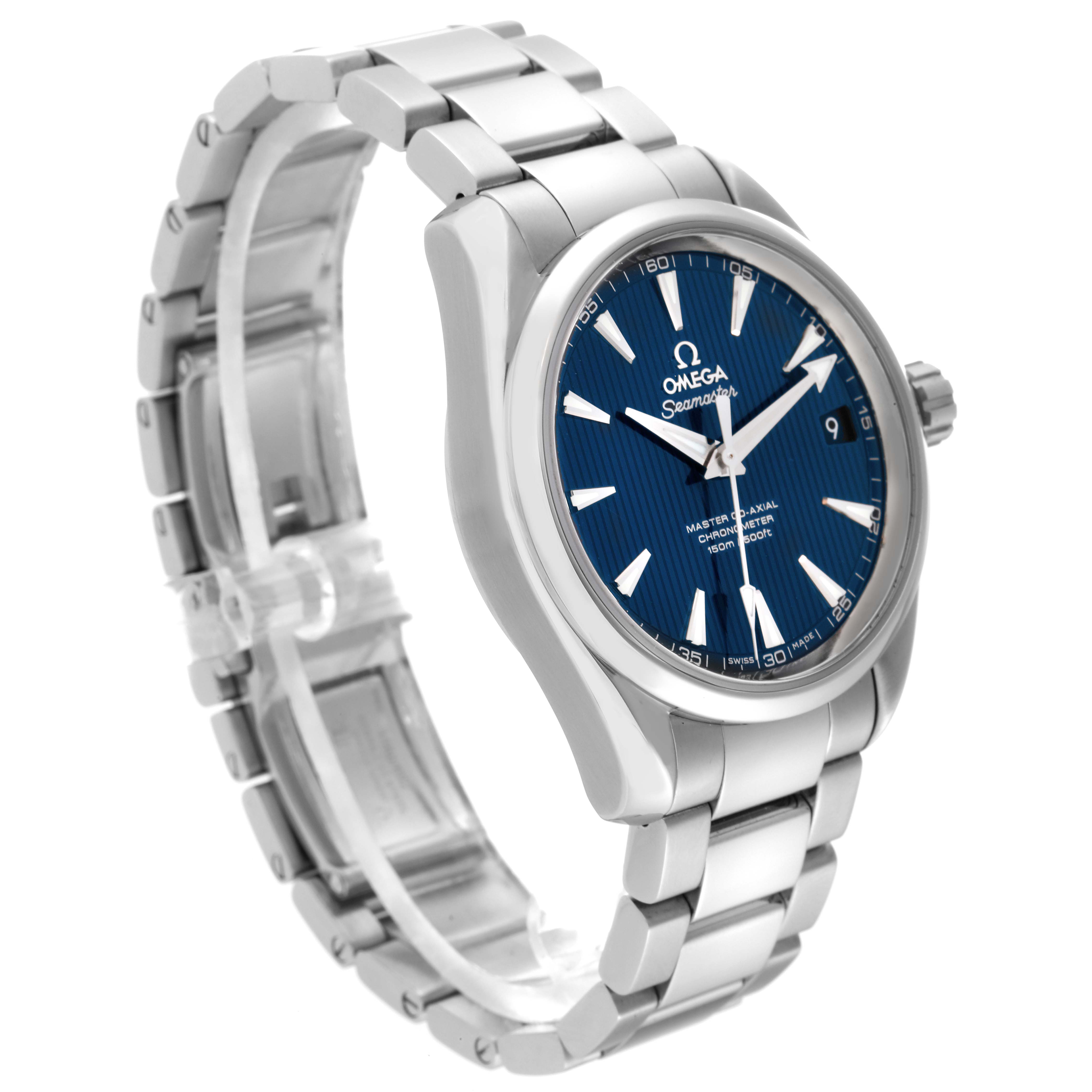 The image shows an Omega Aqua Terra 231.10.39.21.03.002 Men
s Stainless Steel Blue Dial 231.10.39.21.03.002 Men
s Stainless Steel Blue Dial watch at a slight angle, highlighting the blue dial, stainless steel case, and bracelet.