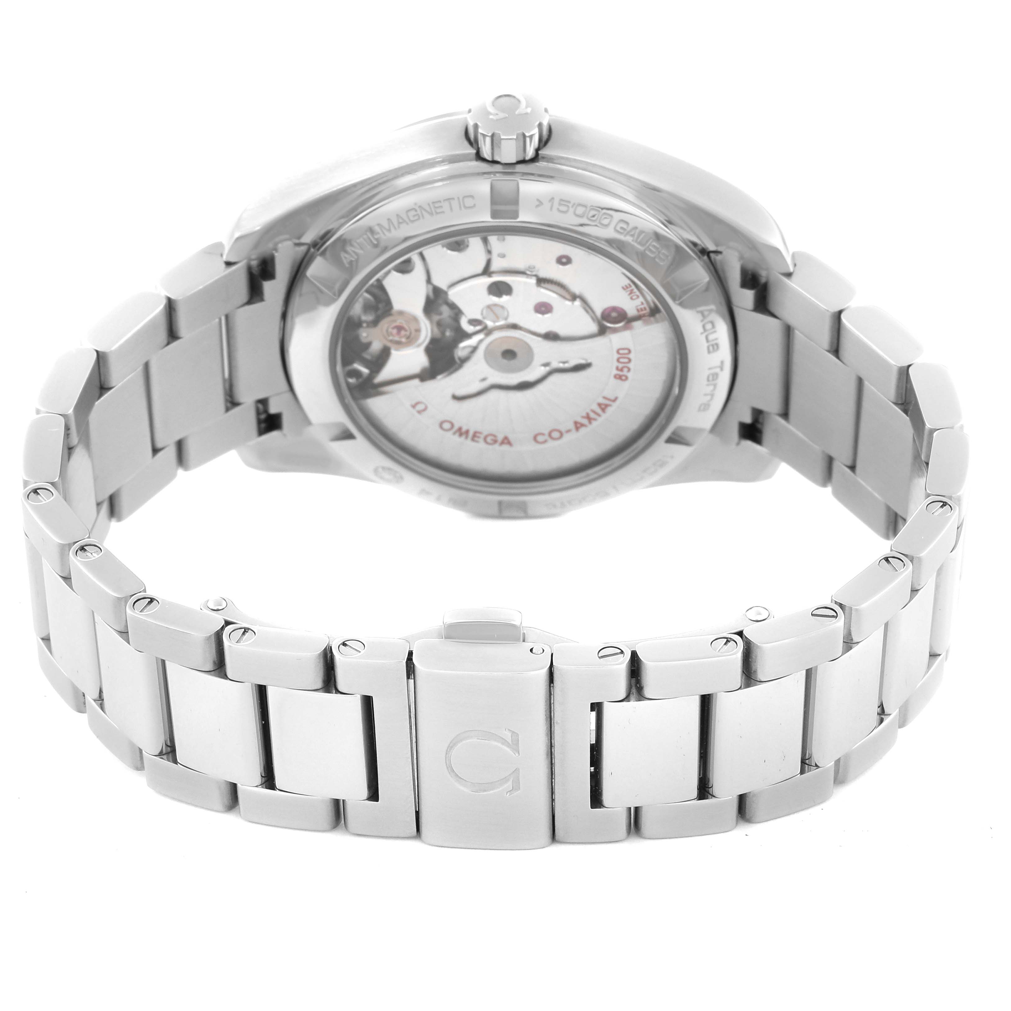 This image shows the back view of the Omega Aqua Terra 231.10.39.21.03.002 Men
s Stainless Steel Blue Dial 231.10.39.21.03.002 Men
s Stainless Steel Blue Dial watch, highlighting its stainless steel bracelet and exposed movement.