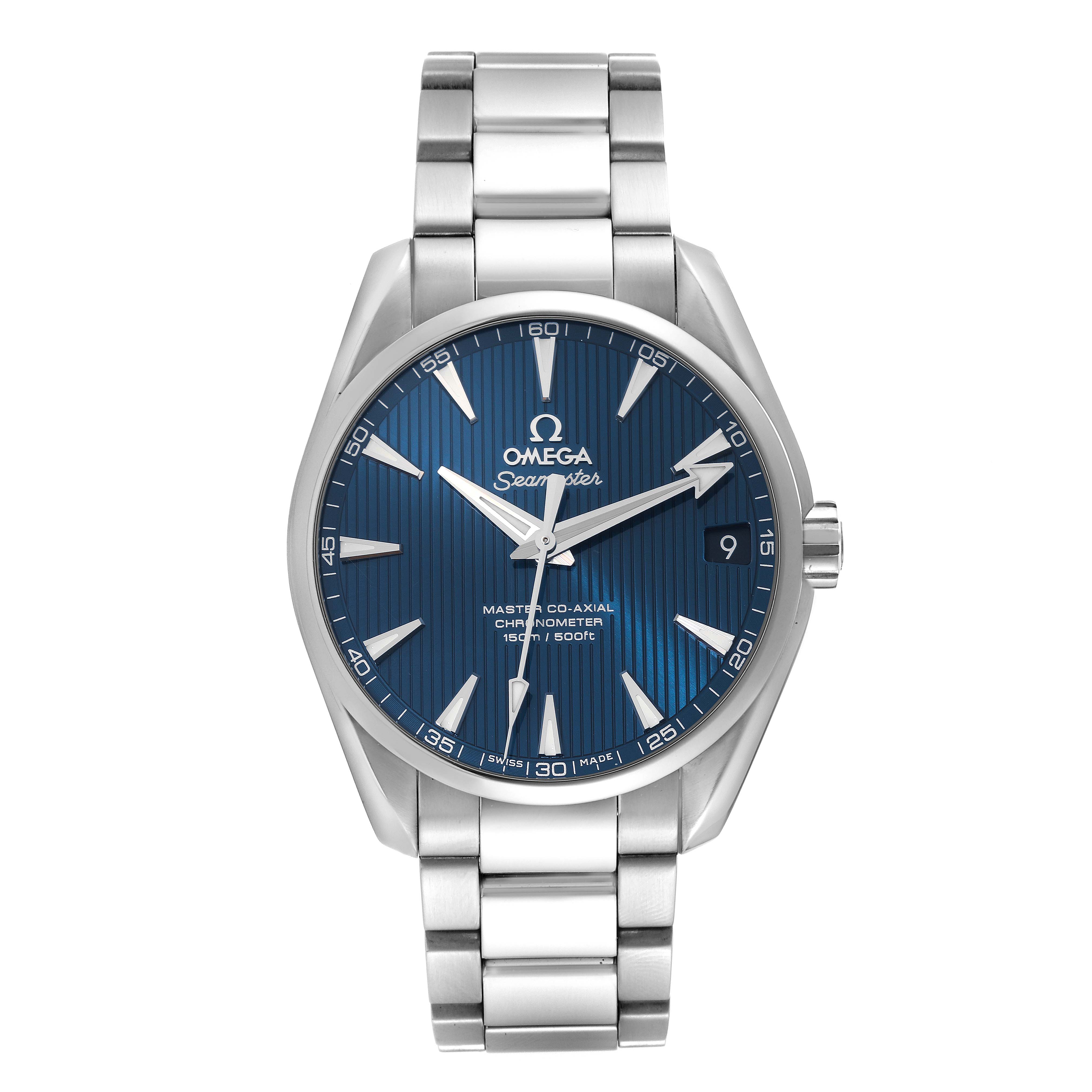 The Omega Aqua Terra 231.10.39.21.03.002 Men
s Stainless Steel Blue Dial 231.10.39.21.03.002 Men
s Stainless Steel Blue Dial watch is shown from a front angle, displaying its blue dial, stainless steel bracelet, and crown.