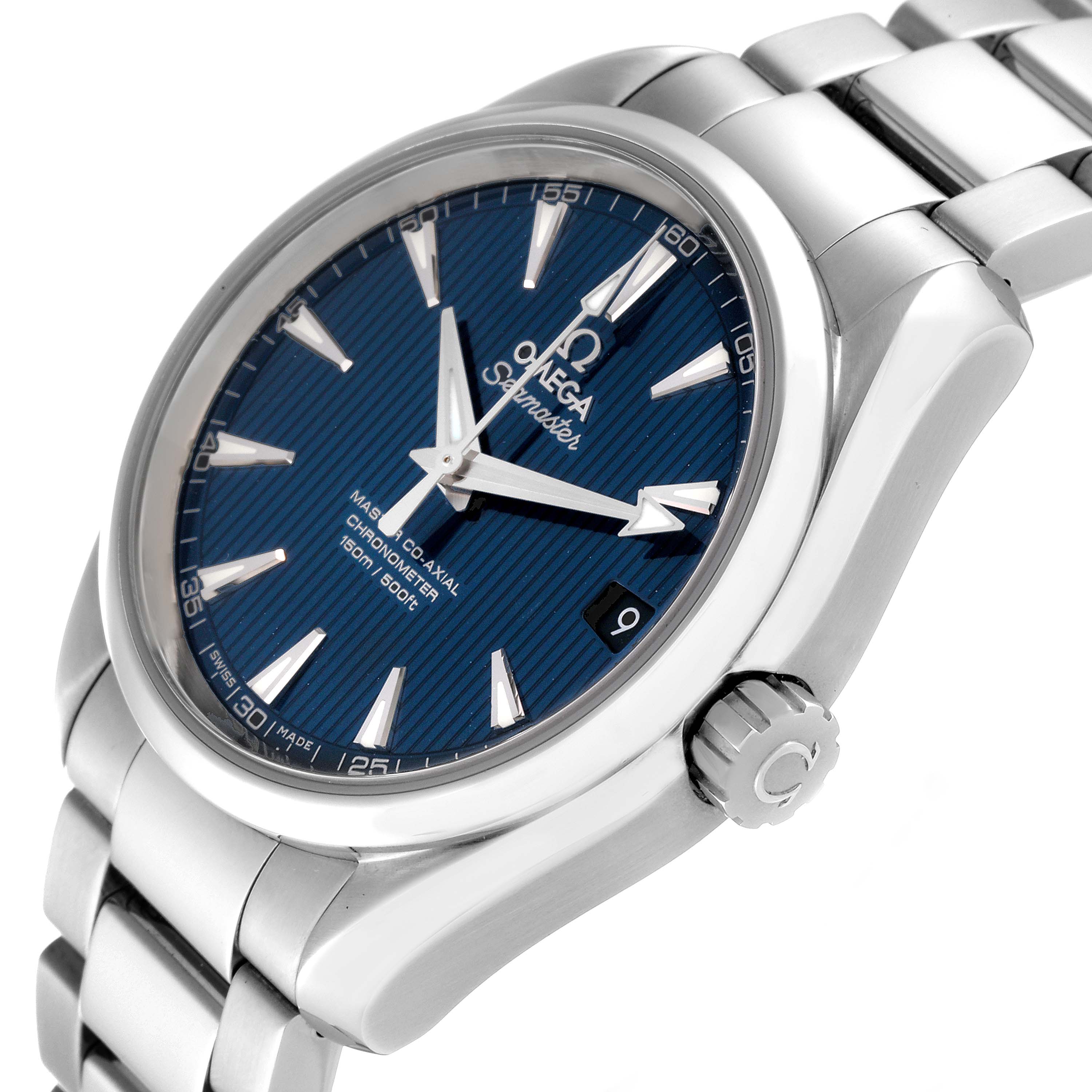 The Omega Aqua Terra 231.10.39.21.03.002 Men
s Stainless Steel Blue Dial 231.10.39.21.03.002 Men
s Stainless Steel Blue Dial watch is shown at a slight angle, highlighting the crown, bracelet, and blue dial with hour markers.