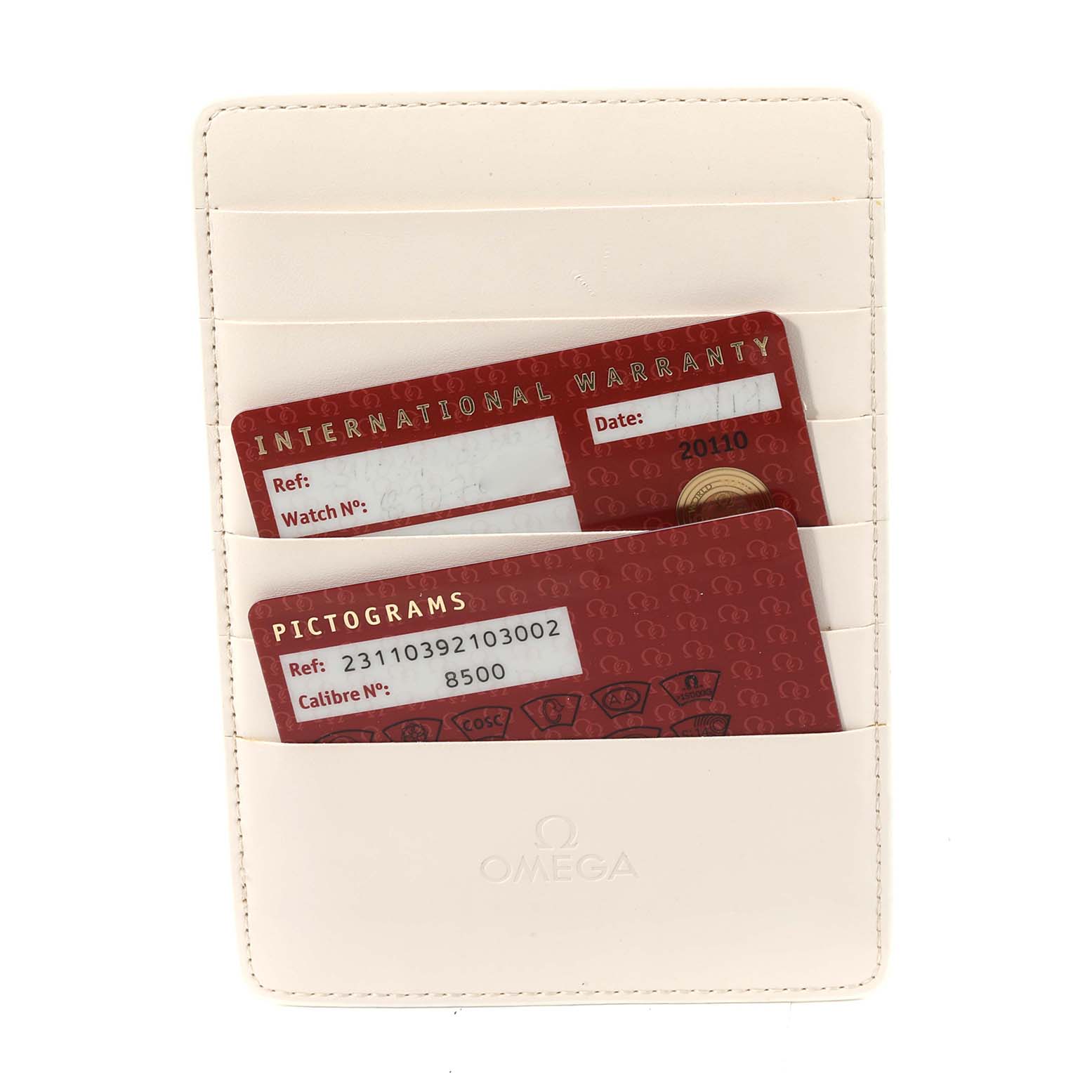 The image shows the warranty and pictogram cards for the Omega Aqua Terra 231.10.39.21.03.002 Men
s Stainless Steel Blue Dial 231.10.39.21.03.002 Men
s Stainless Steel Blue Dial model, placed in a white cardholder.